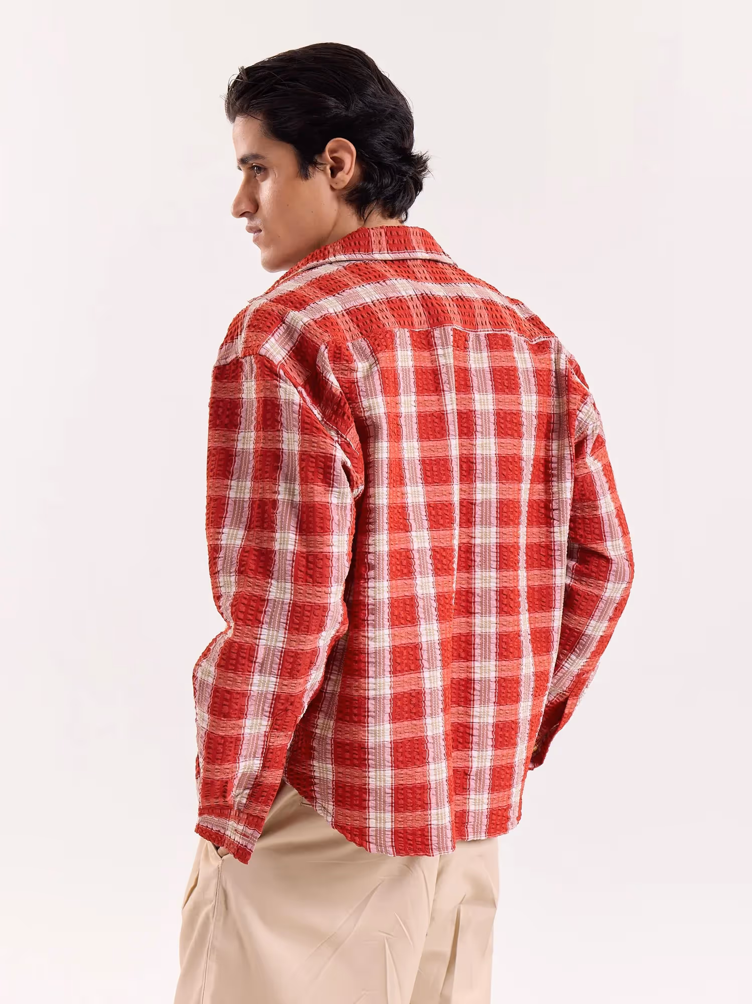 Red & White Checkered Seersucker Cropped Shirt image 8