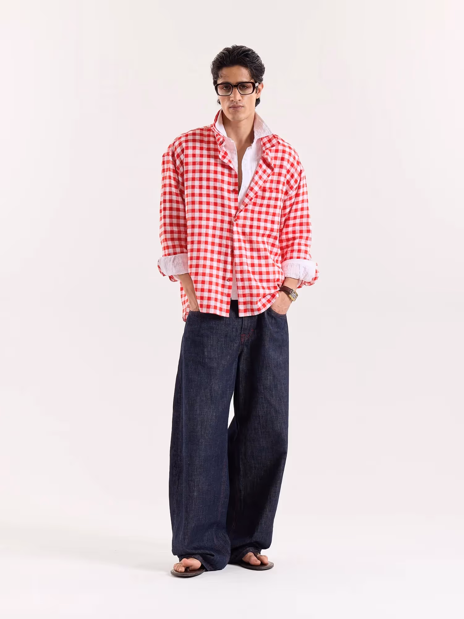 Red & White Checks Linen Cropped Shirt image 1