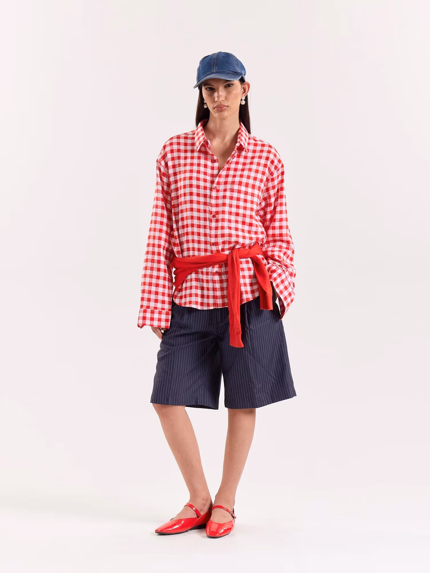 Red & White Checks Linen Cropped Shirt image 2