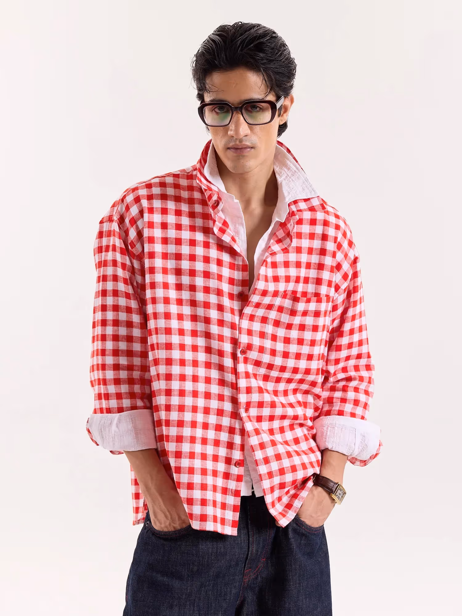 Red & White Checks Linen Cropped Shirt image 3