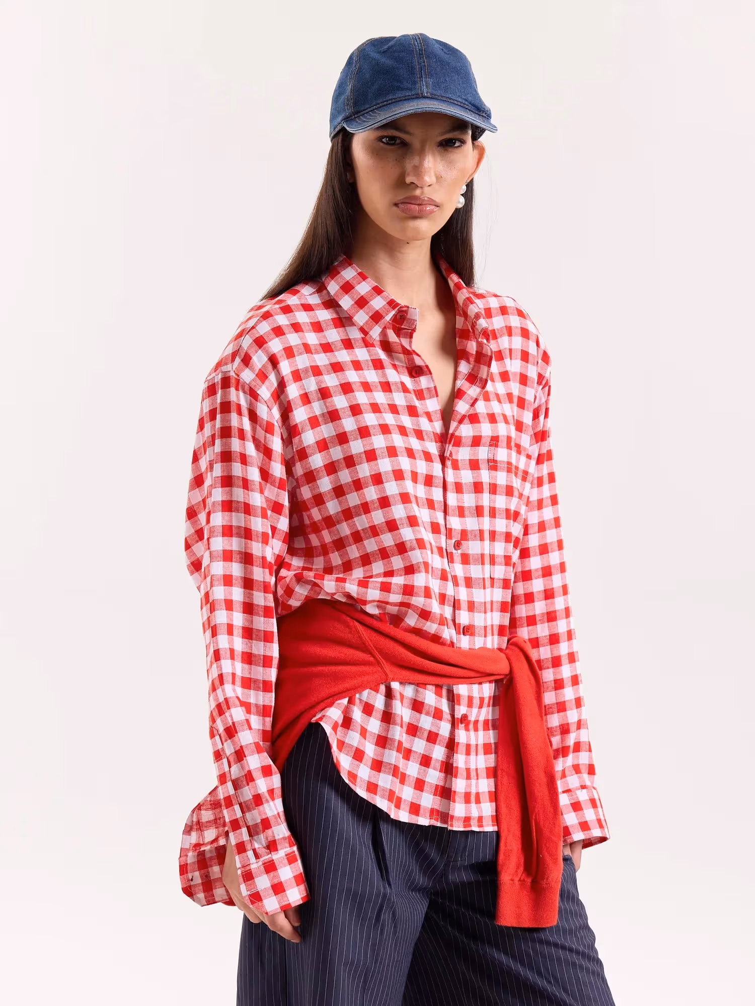 Red & White Checks Linen Cropped Shirt image 4
