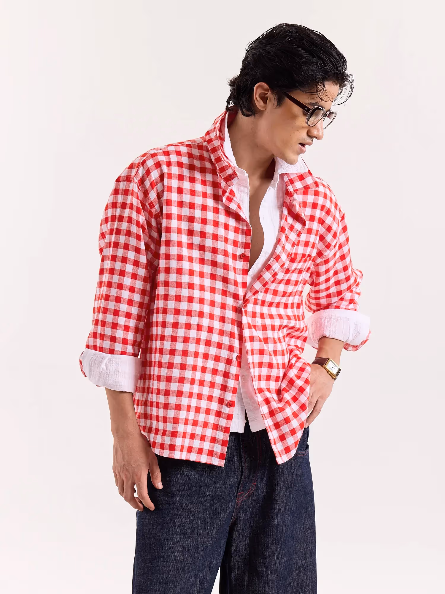 Red & White Checks Linen Cropped Shirt image 5