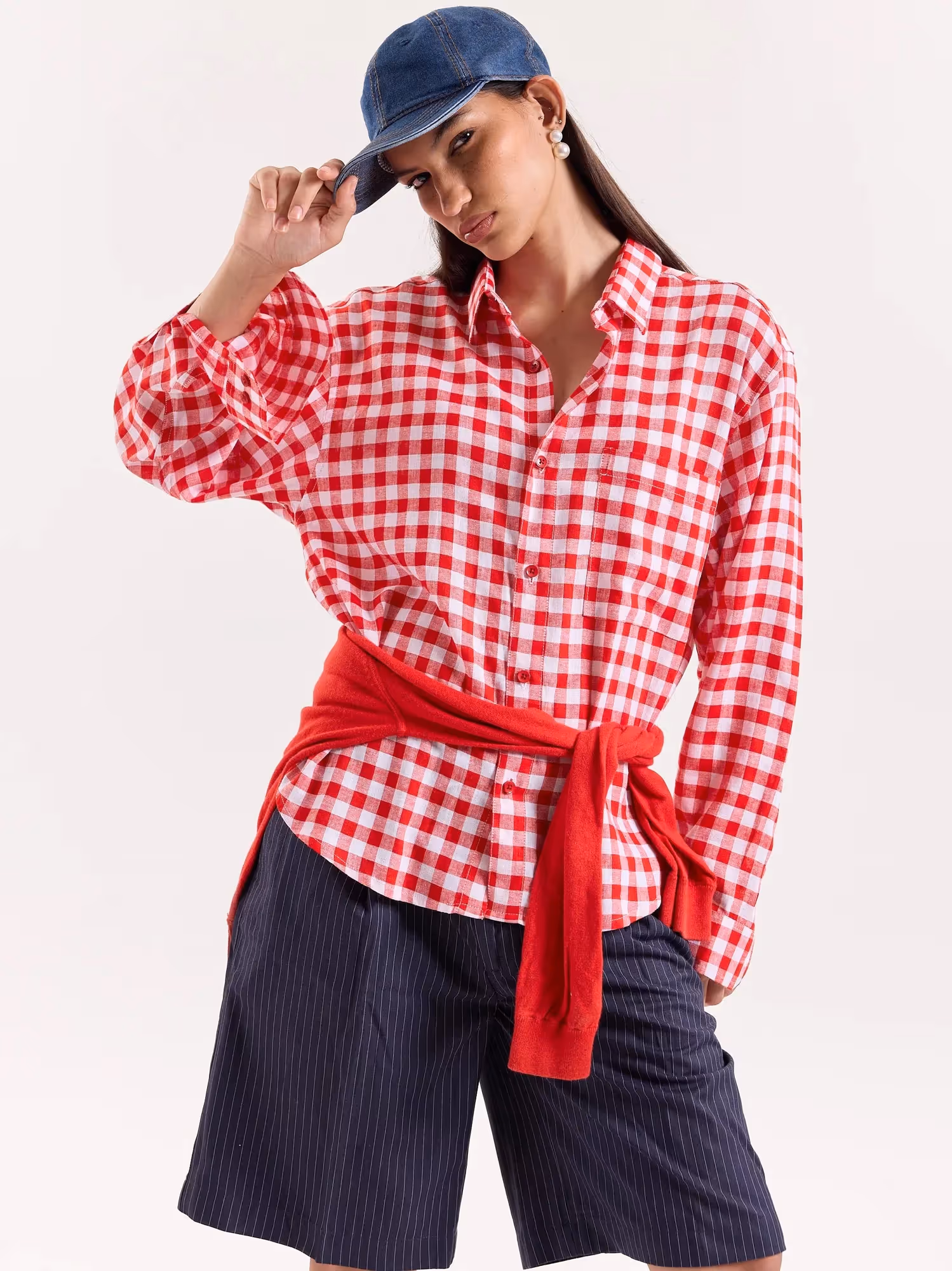 Red & White Checks Linen Cropped Shirt image 6