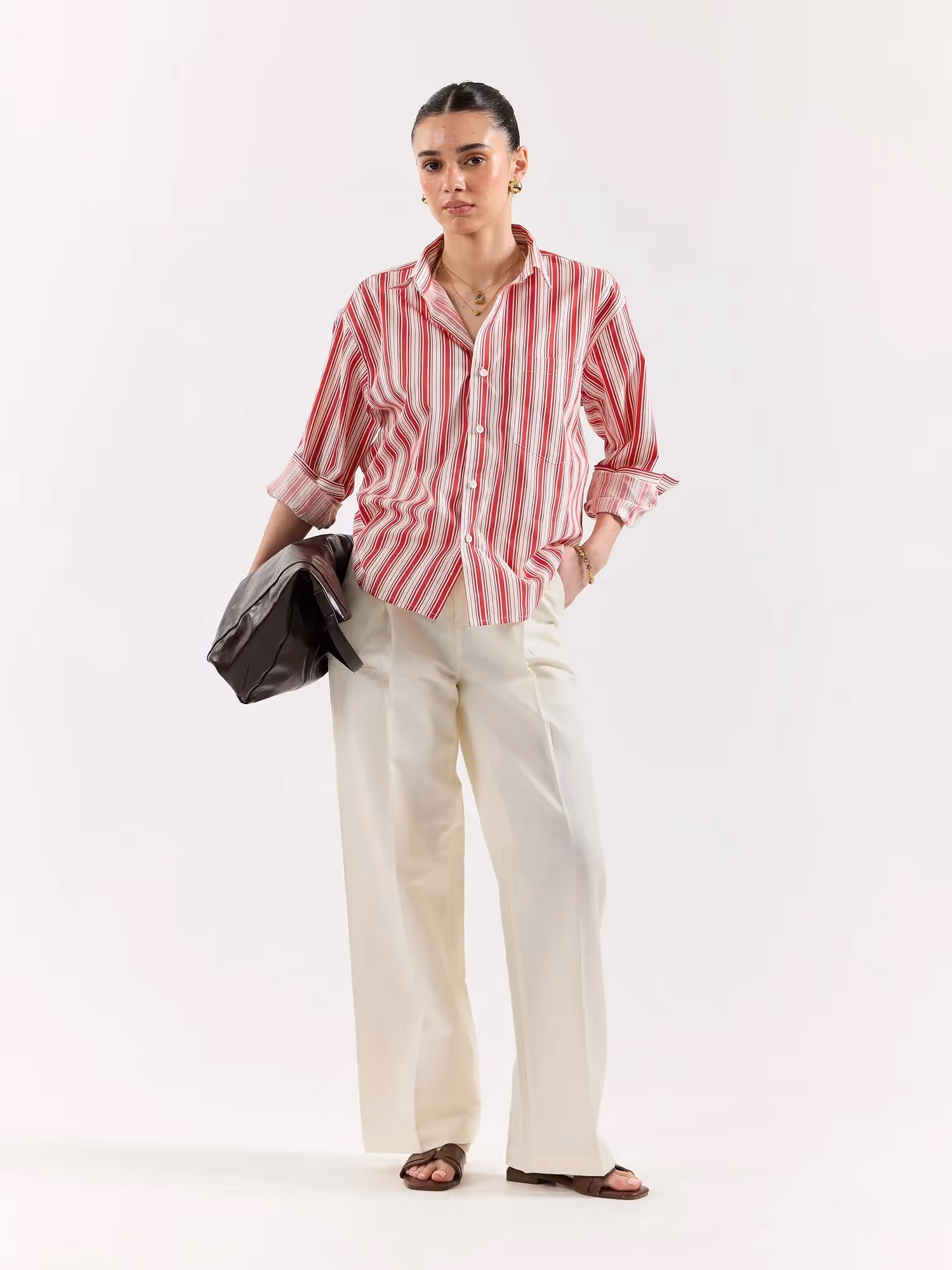 Red & White Striped Poplin Oversized Shirt  image 2