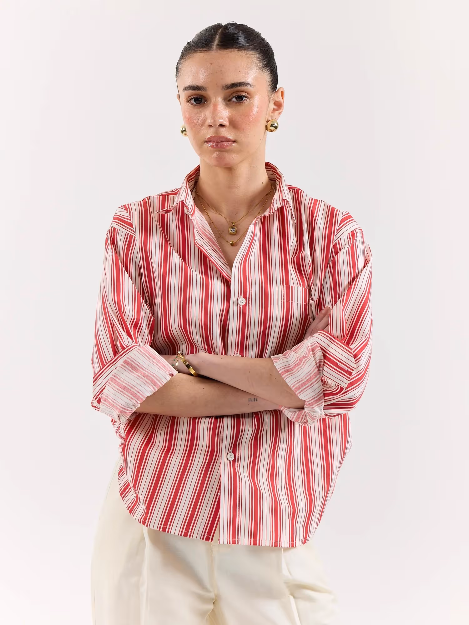 Red & White Striped Poplin Oversized Shirt  image 4