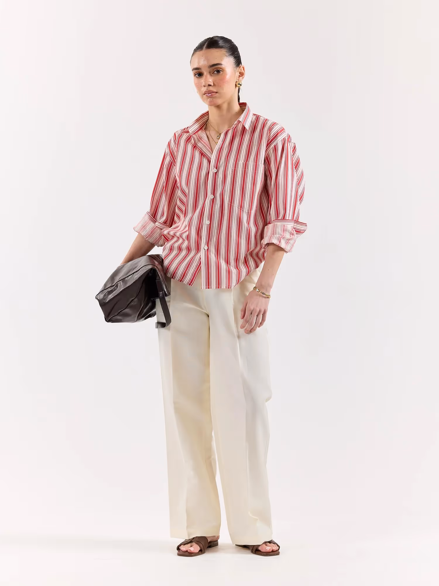 Red & White Striped Poplin Oversized Shirt  image 6