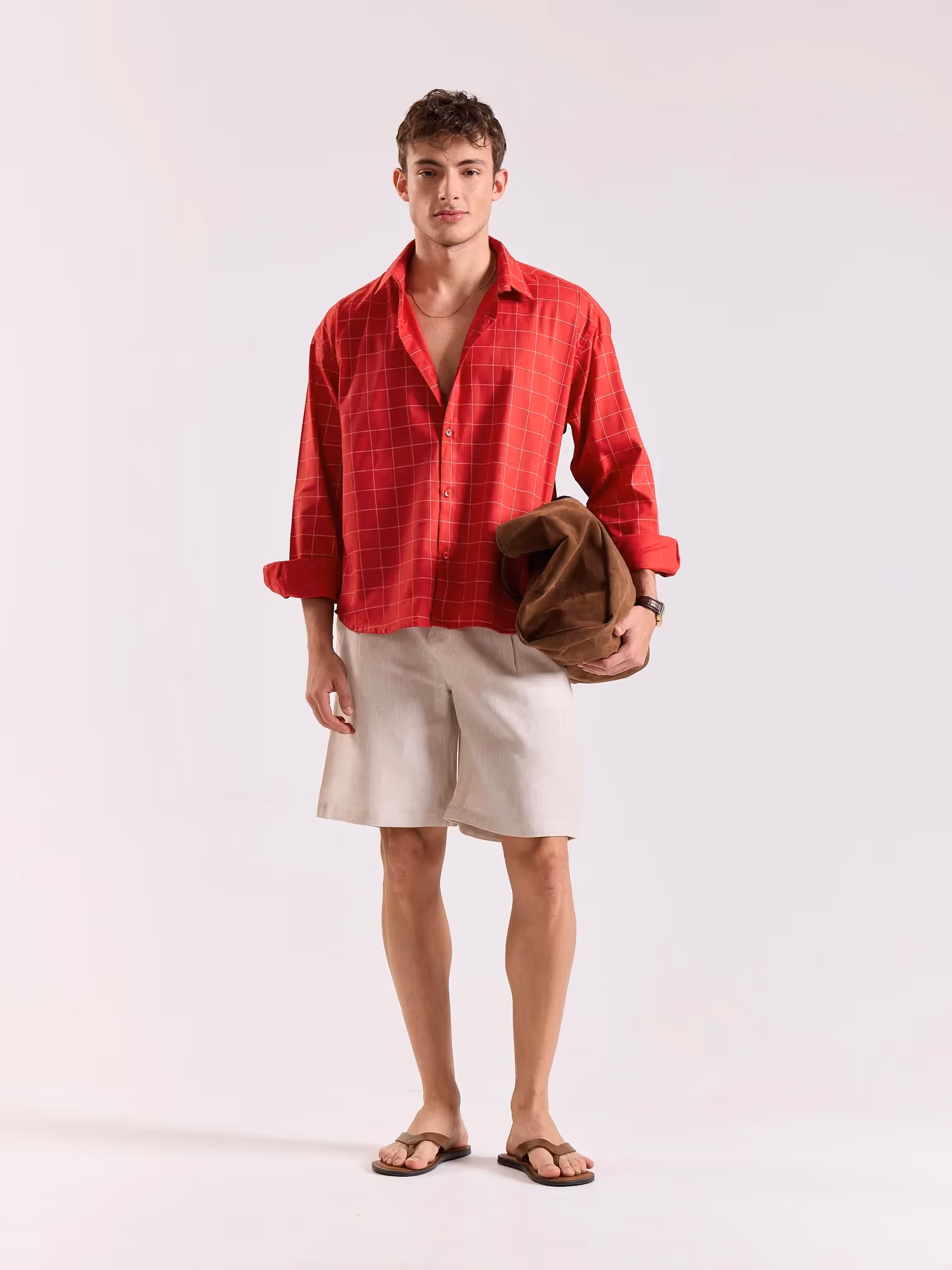 Red Checkered Linen Cropped Shirt image 1