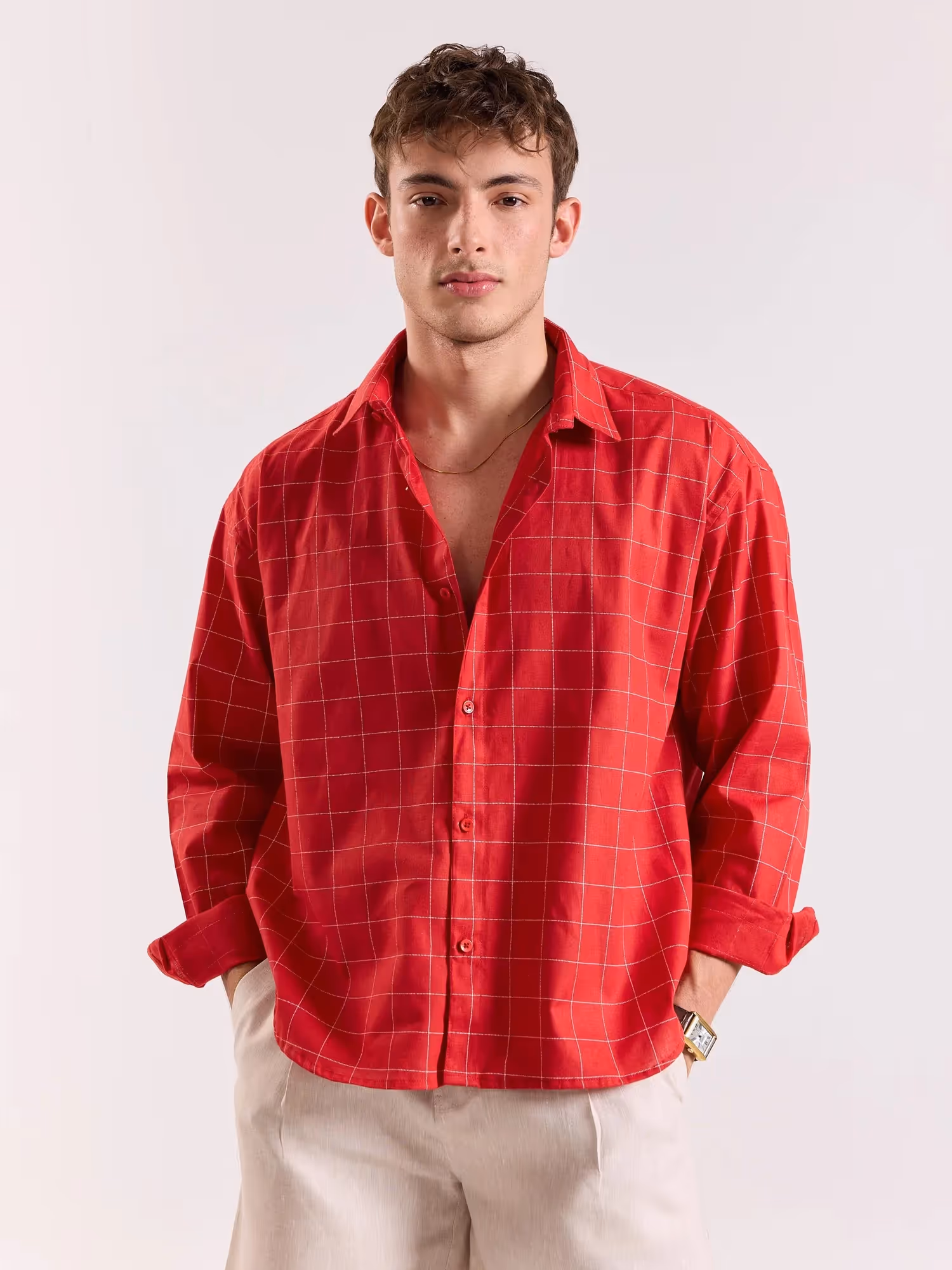Red Checkered Linen Cropped Shirt image 2