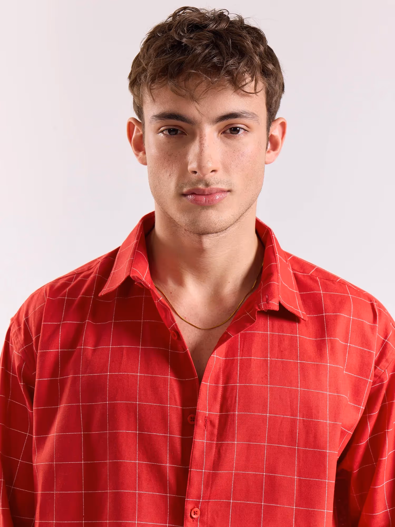 Red Checkered Linen Cropped Shirt image 3
