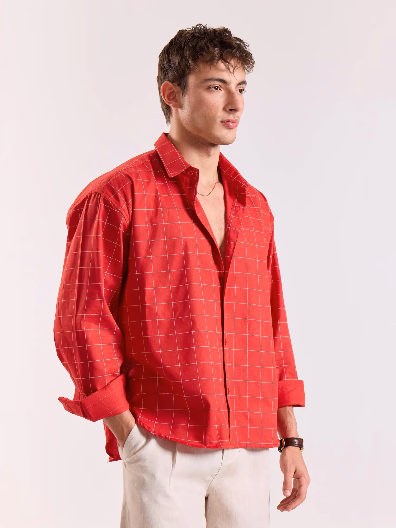 Red Checkered Linen Cropped Shirt image 4