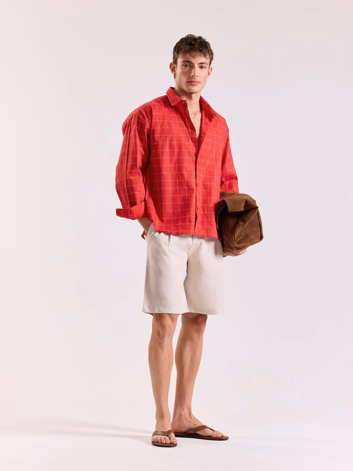Red Checkered Linen Cropped Shirt image 5