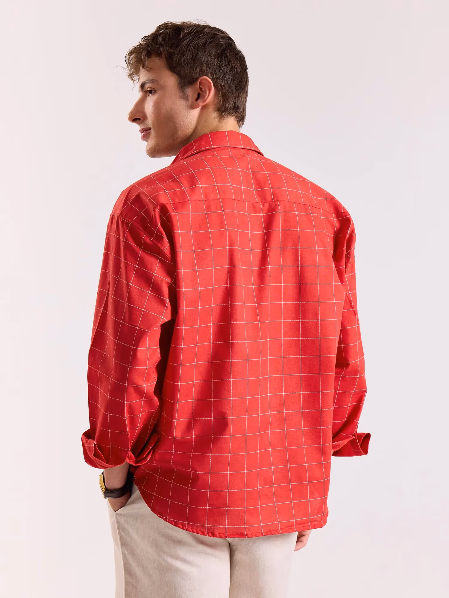 Red Checkered Linen Cropped Shirt image 6