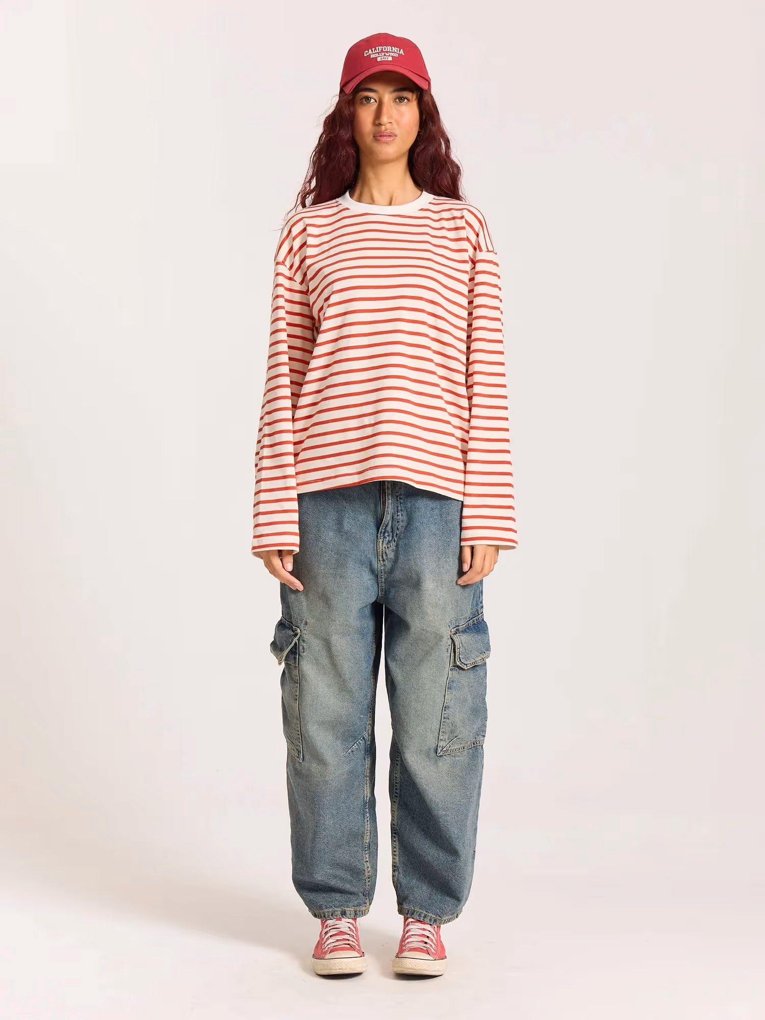 Red Striped Loose Fit Cropped T-Shirt image 2