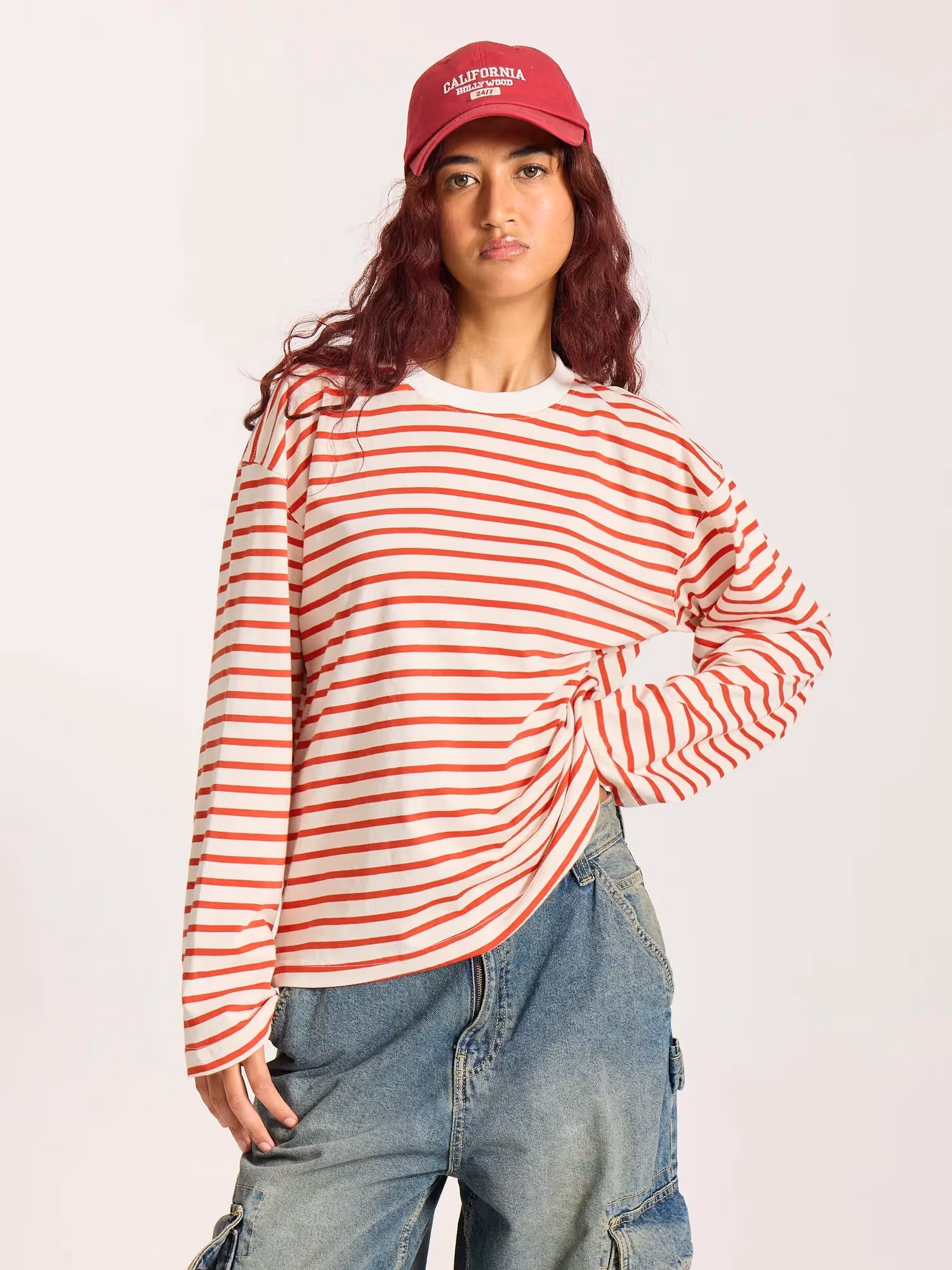 Red Striped Loose Fit Cropped T-Shirt image 4