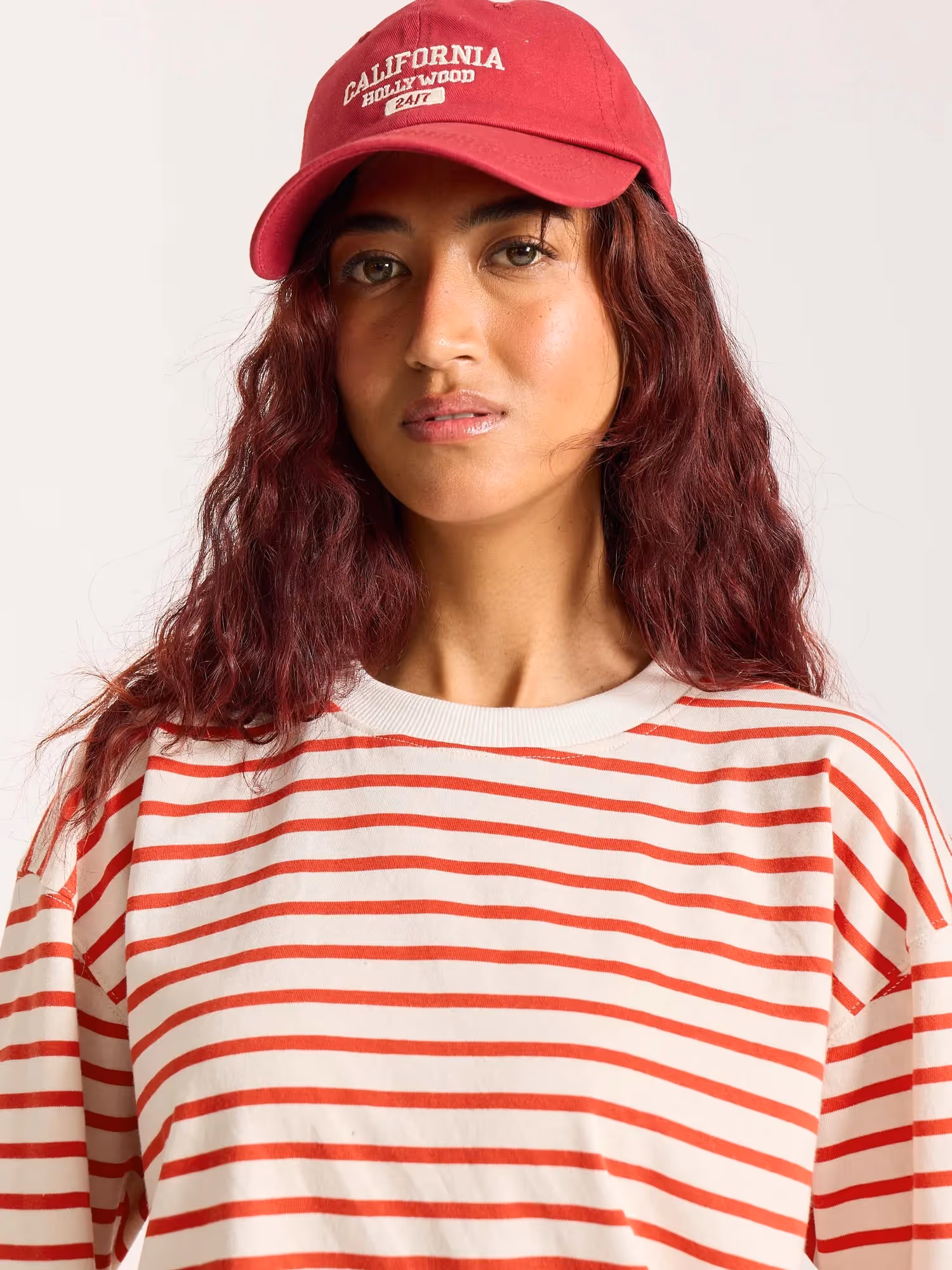 Red Striped Loose Fit Cropped T-Shirt image 5