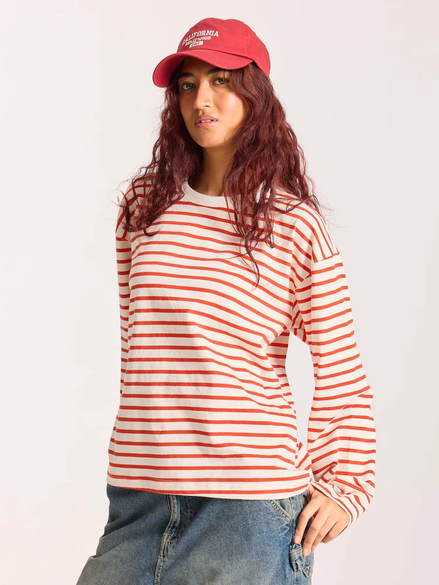 Red Striped Loose Fit Cropped T-Shirt image 7