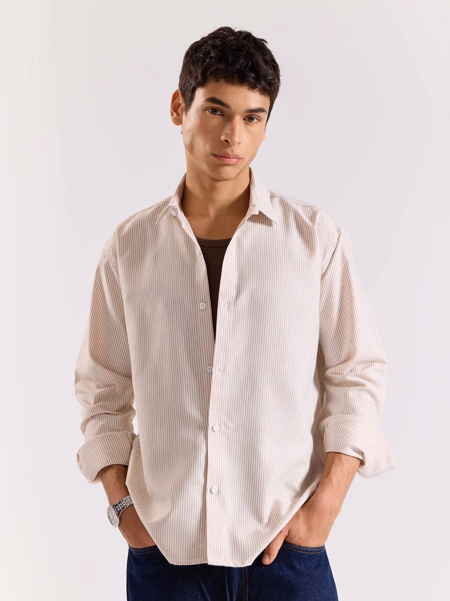 Relaxed Fit Beige Striped Shirt image 3