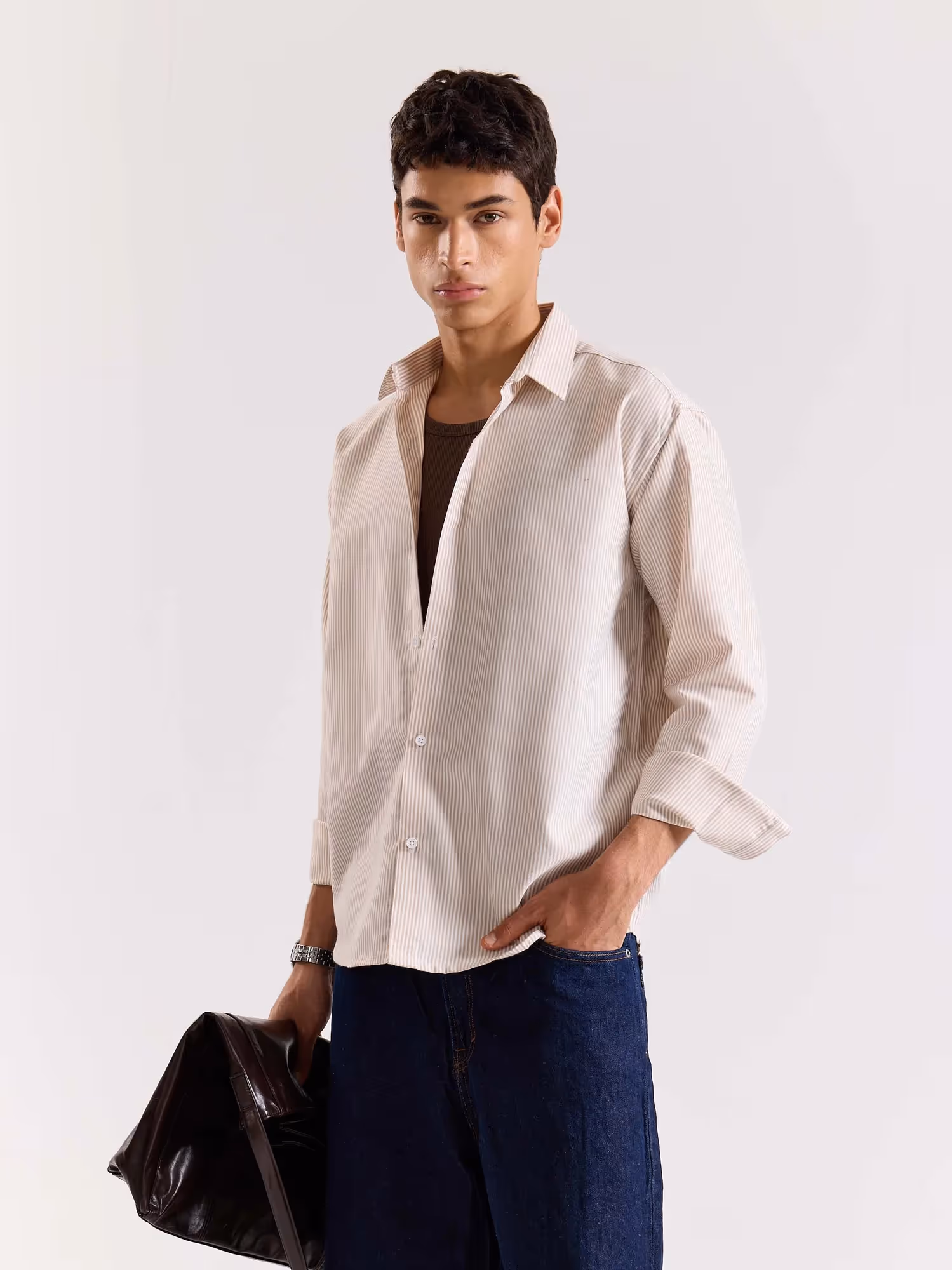 Relaxed Fit Beige Striped Shirt image 5