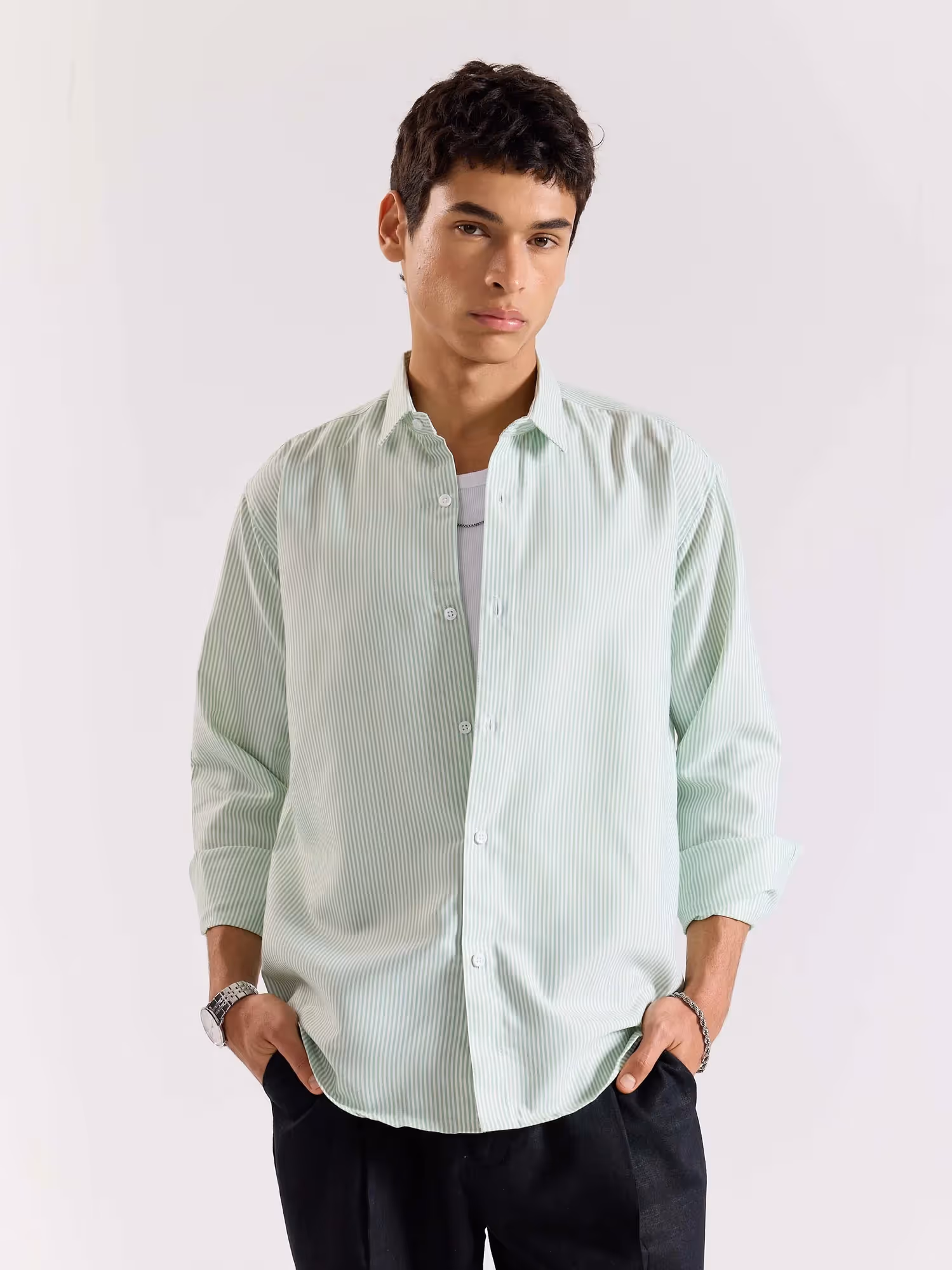 Relaxed Fit Green Striped Shirt image 4