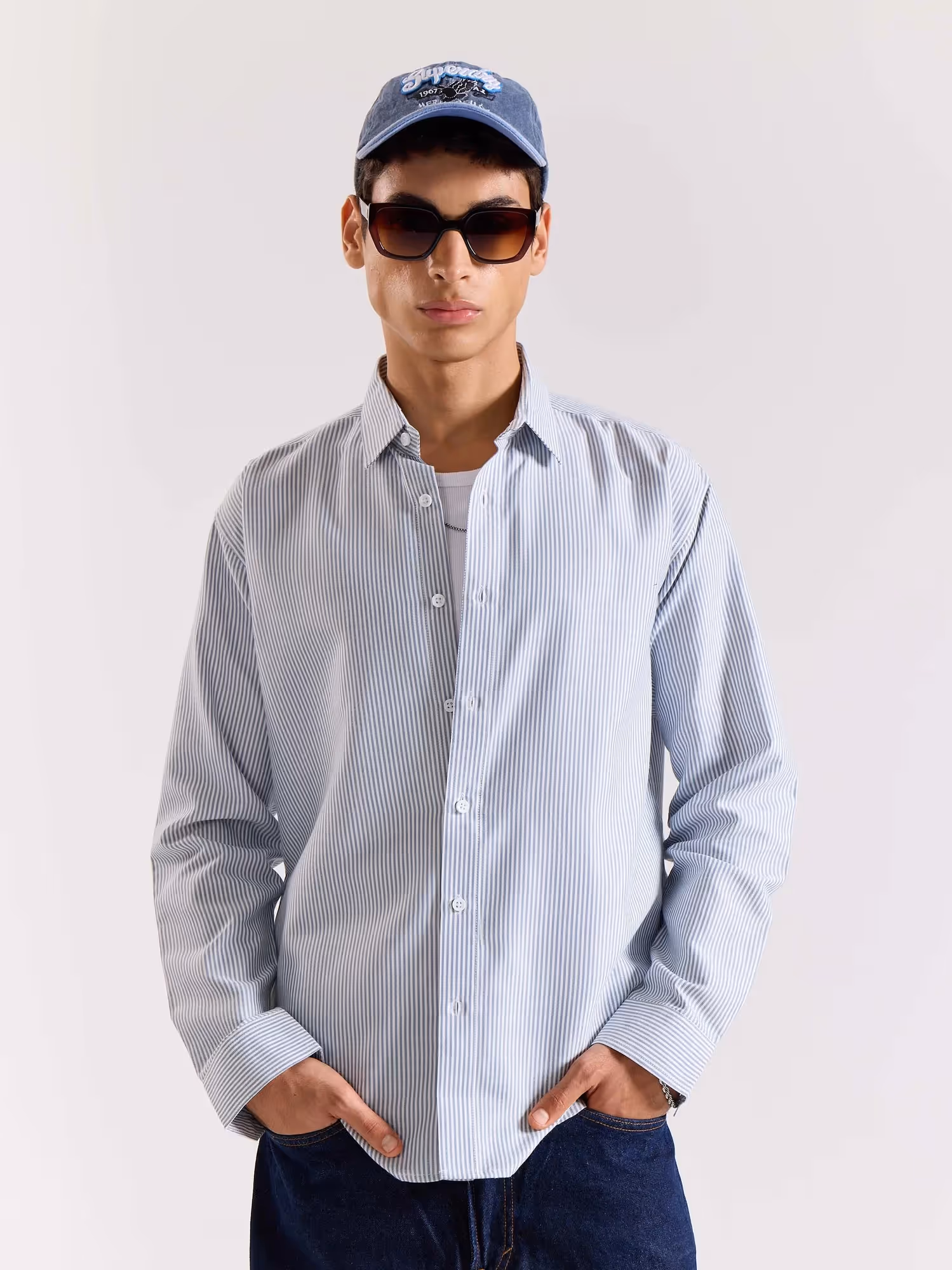 Relaxed Fit Navy Blue Striped Shirt image 4