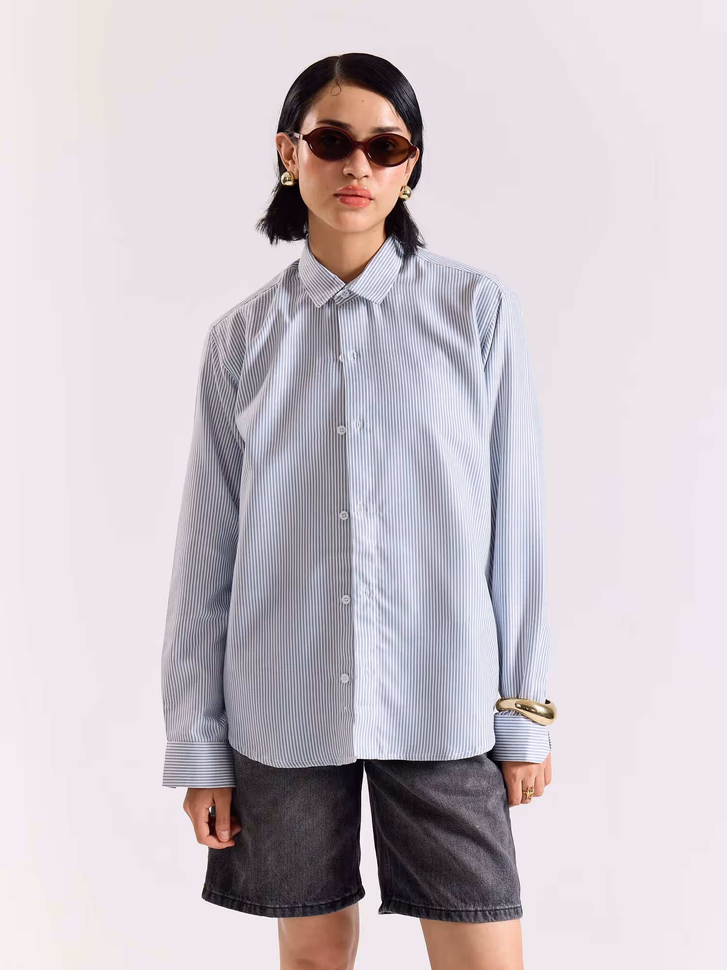 Relaxed Fit Navy Blue Striped Shirt image 5