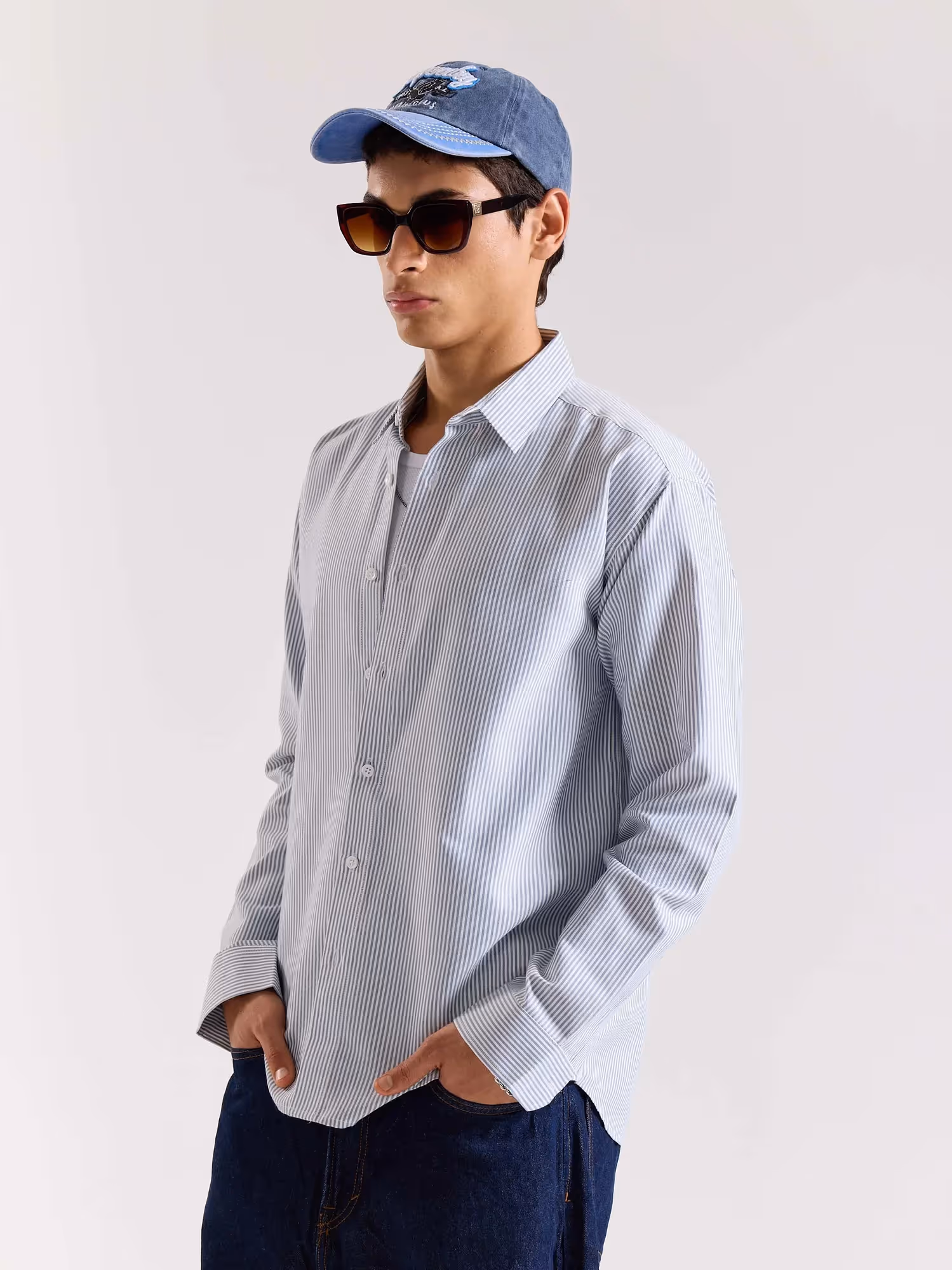 Relaxed Fit Navy Blue Striped Shirt image 6