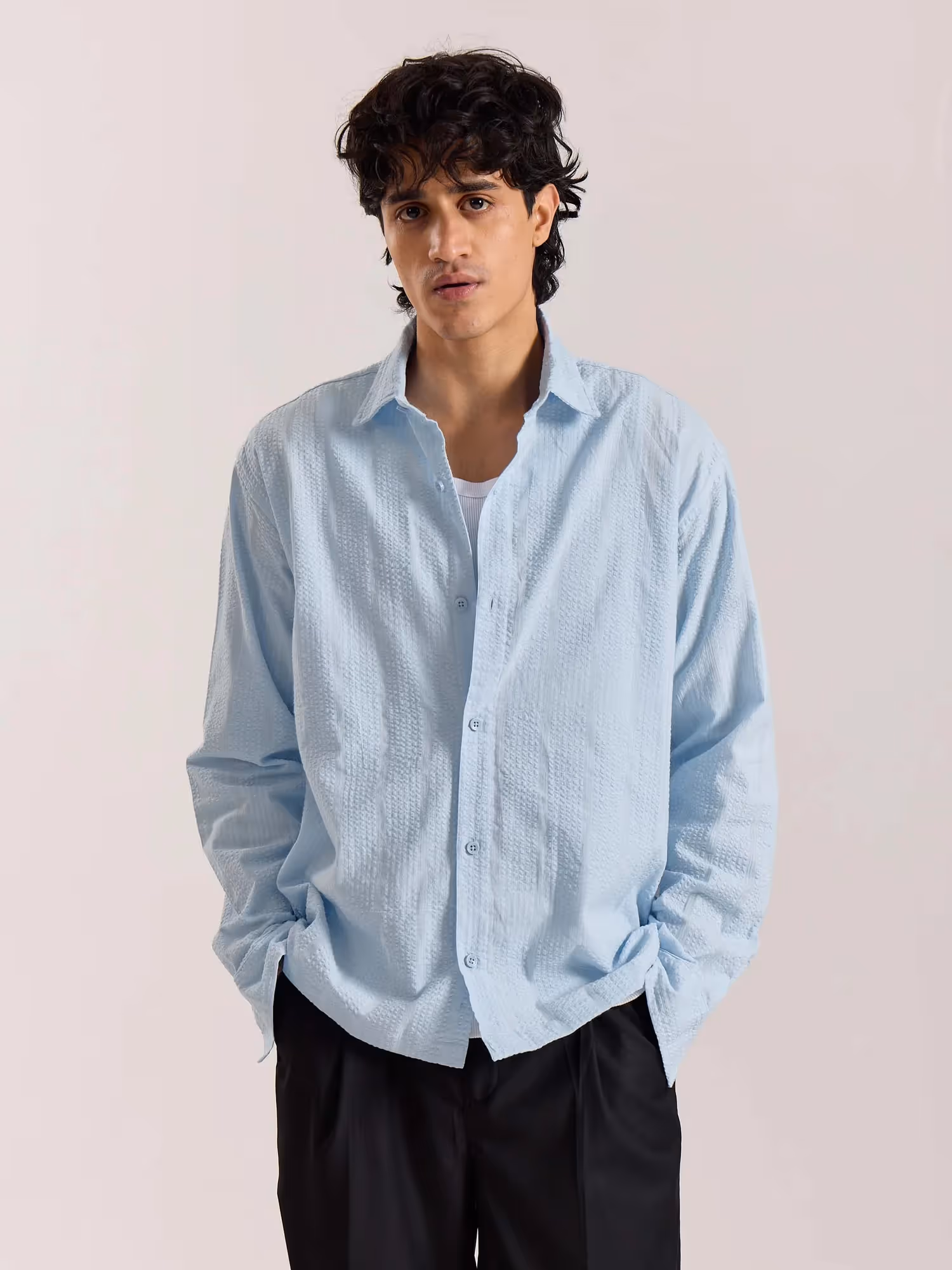 Relaxed Fit Powder Blue Textured Shirt image 2