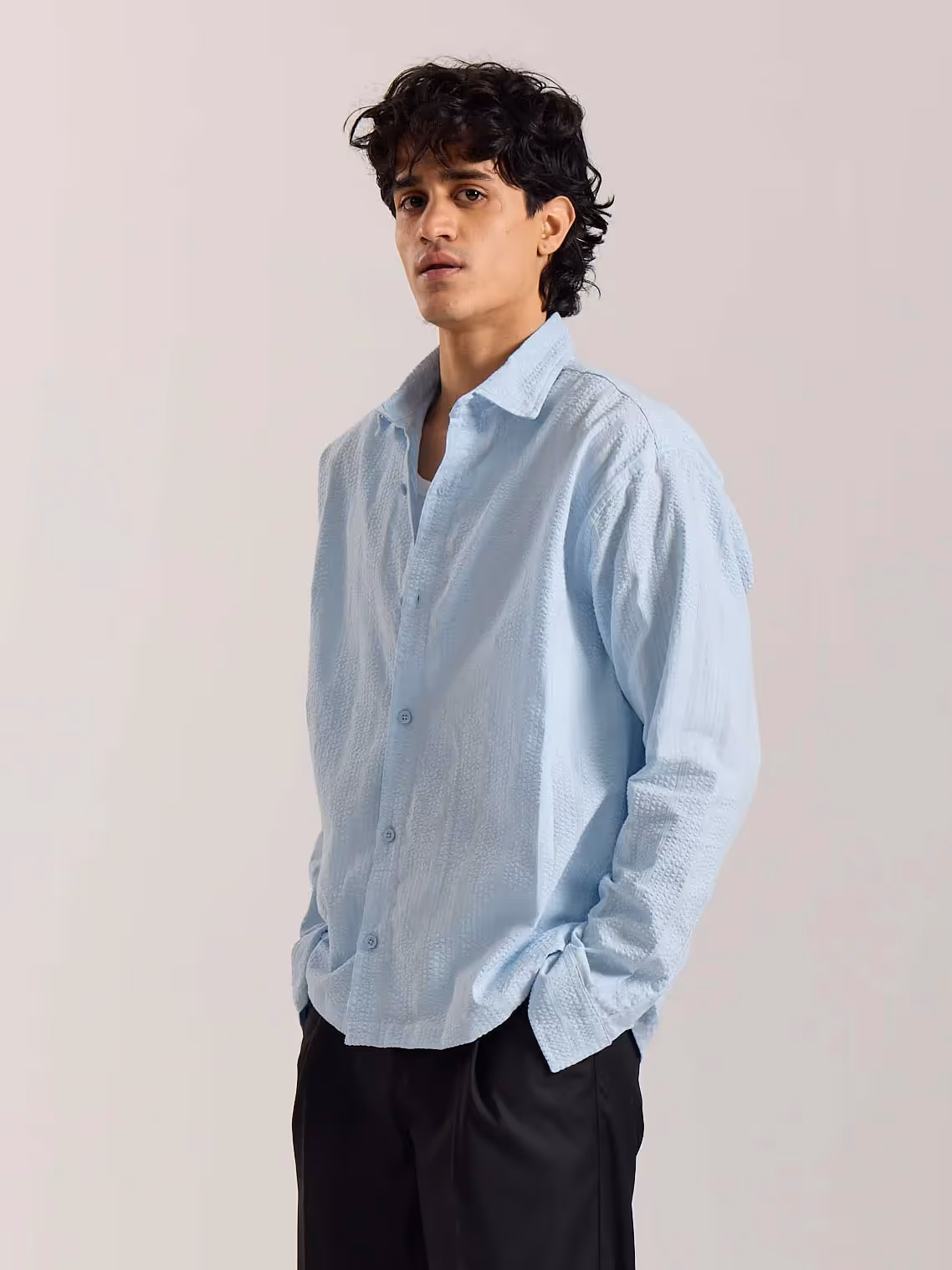 Relaxed Fit Powder Blue Textured Shirt image 3