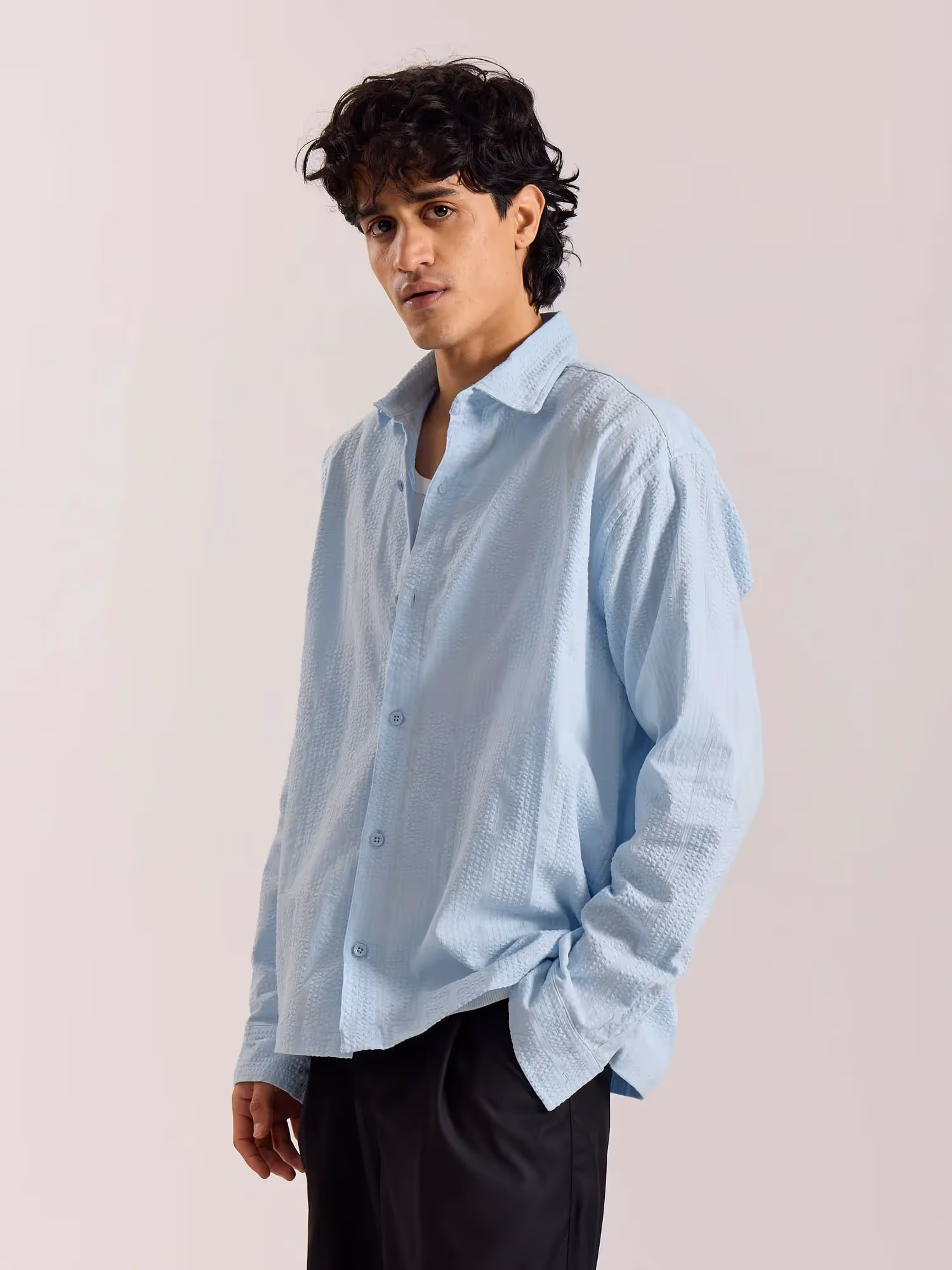 Relaxed Fit Powder Blue Textured Shirt image 5