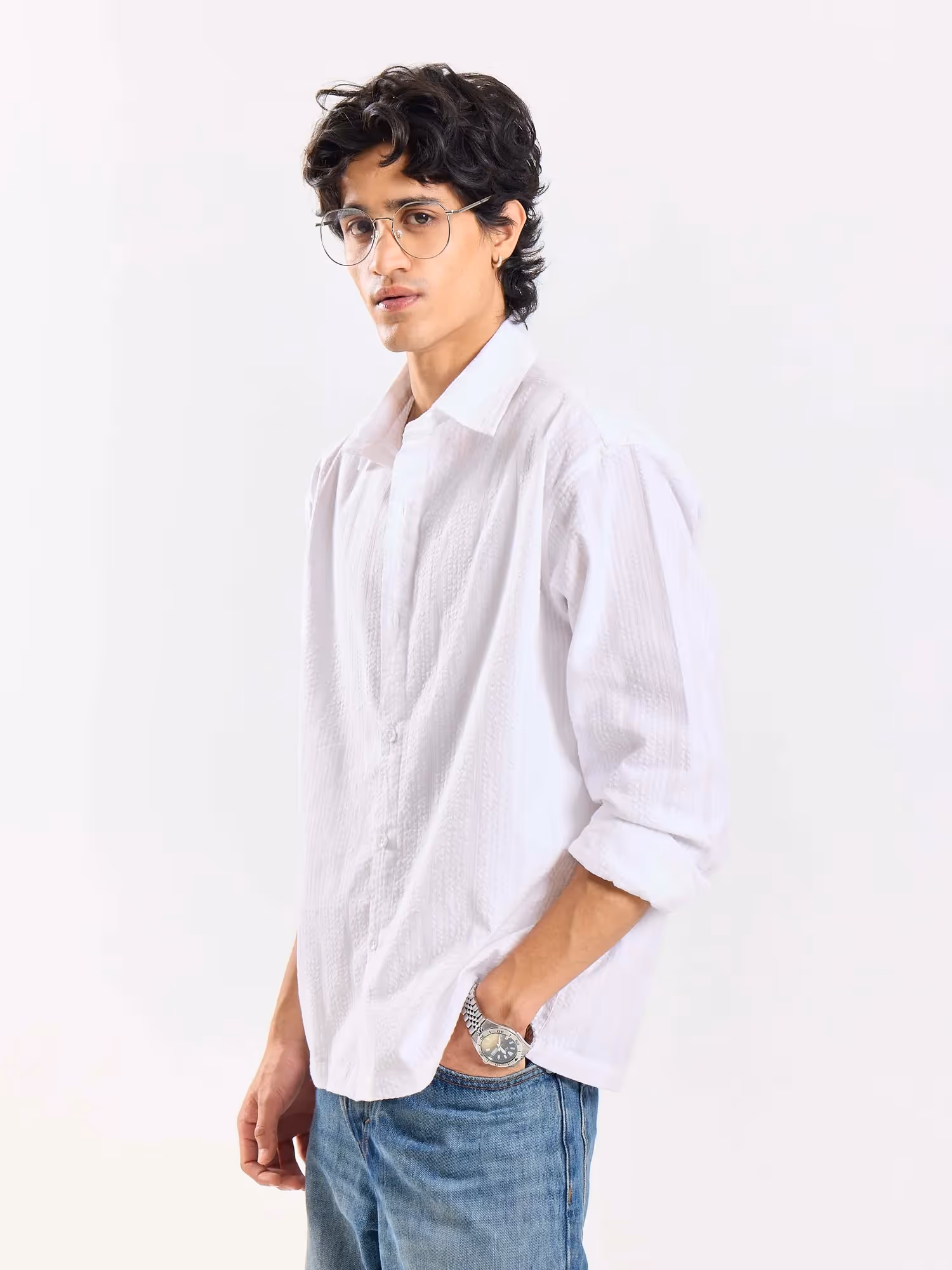 Relaxed Fit White Textured Shirt image 5