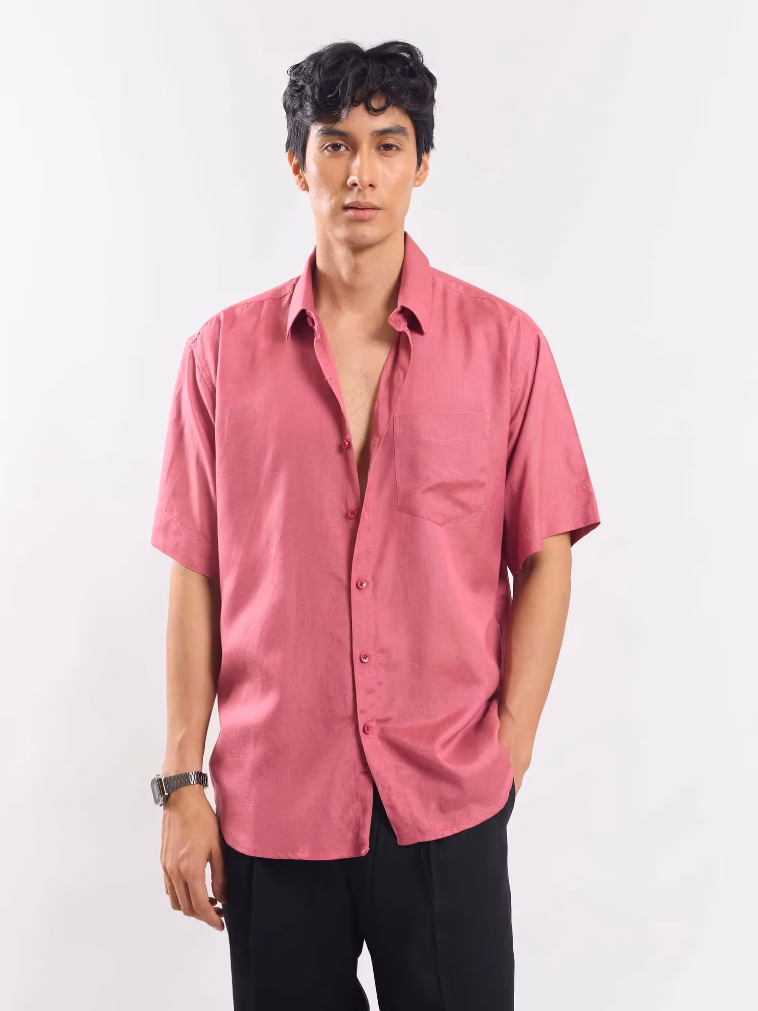 Rose Pink Half Sleeve Linen Shirt image 1
