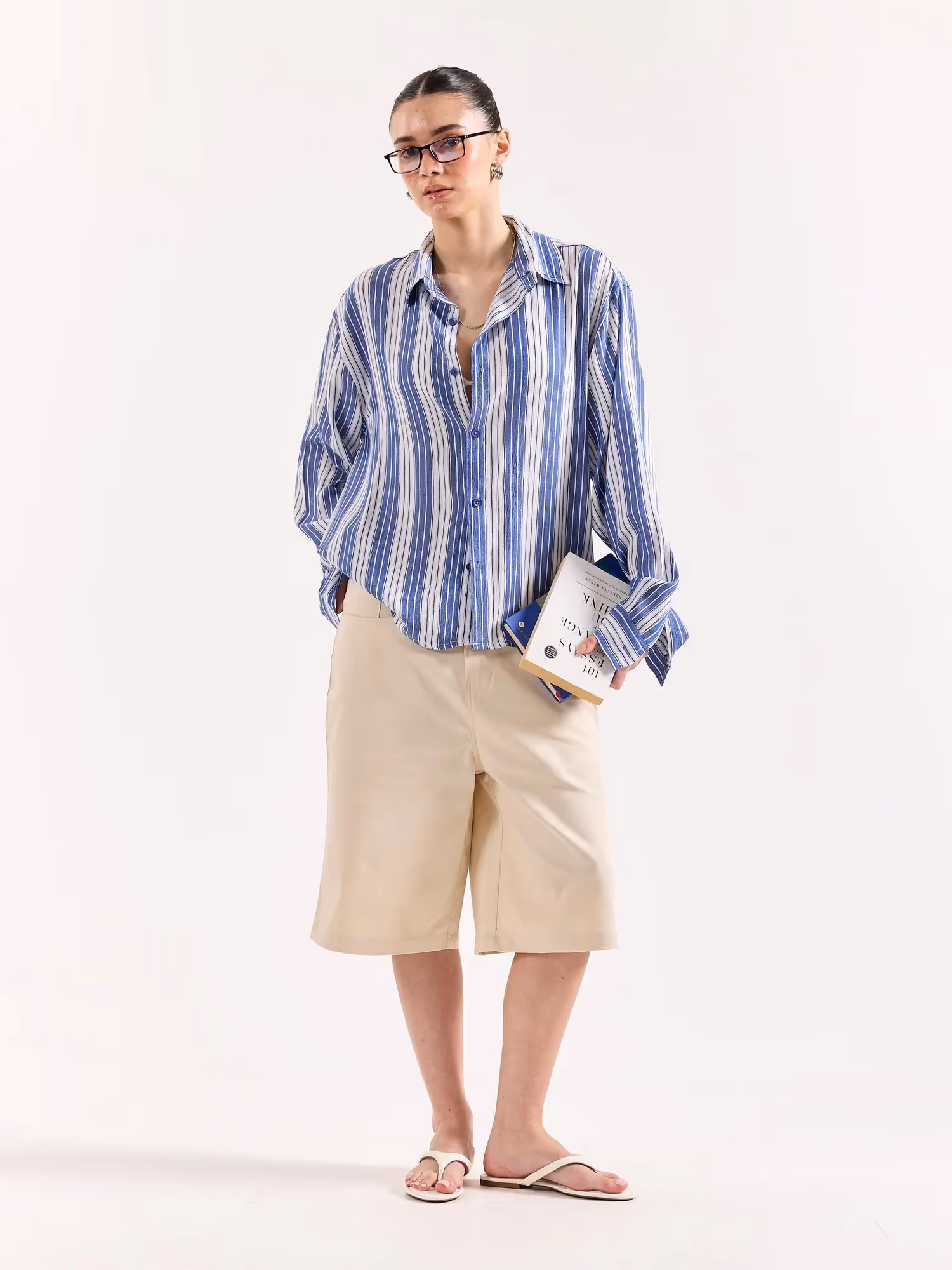 Royal Blue & White Striped Textured Oversized Shirt image 2