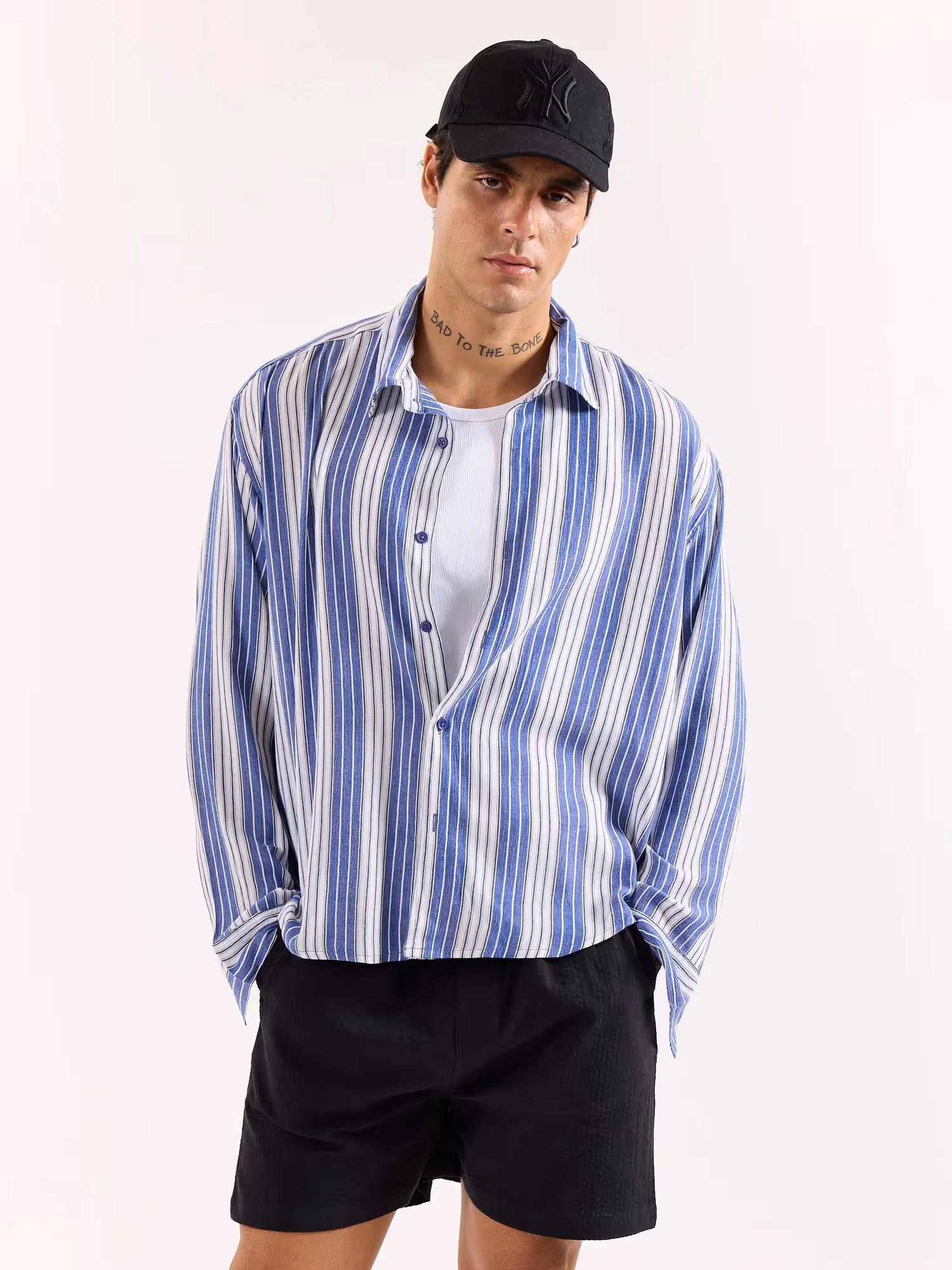 Royal Blue & White Striped Textured Oversized Shirt image 3
