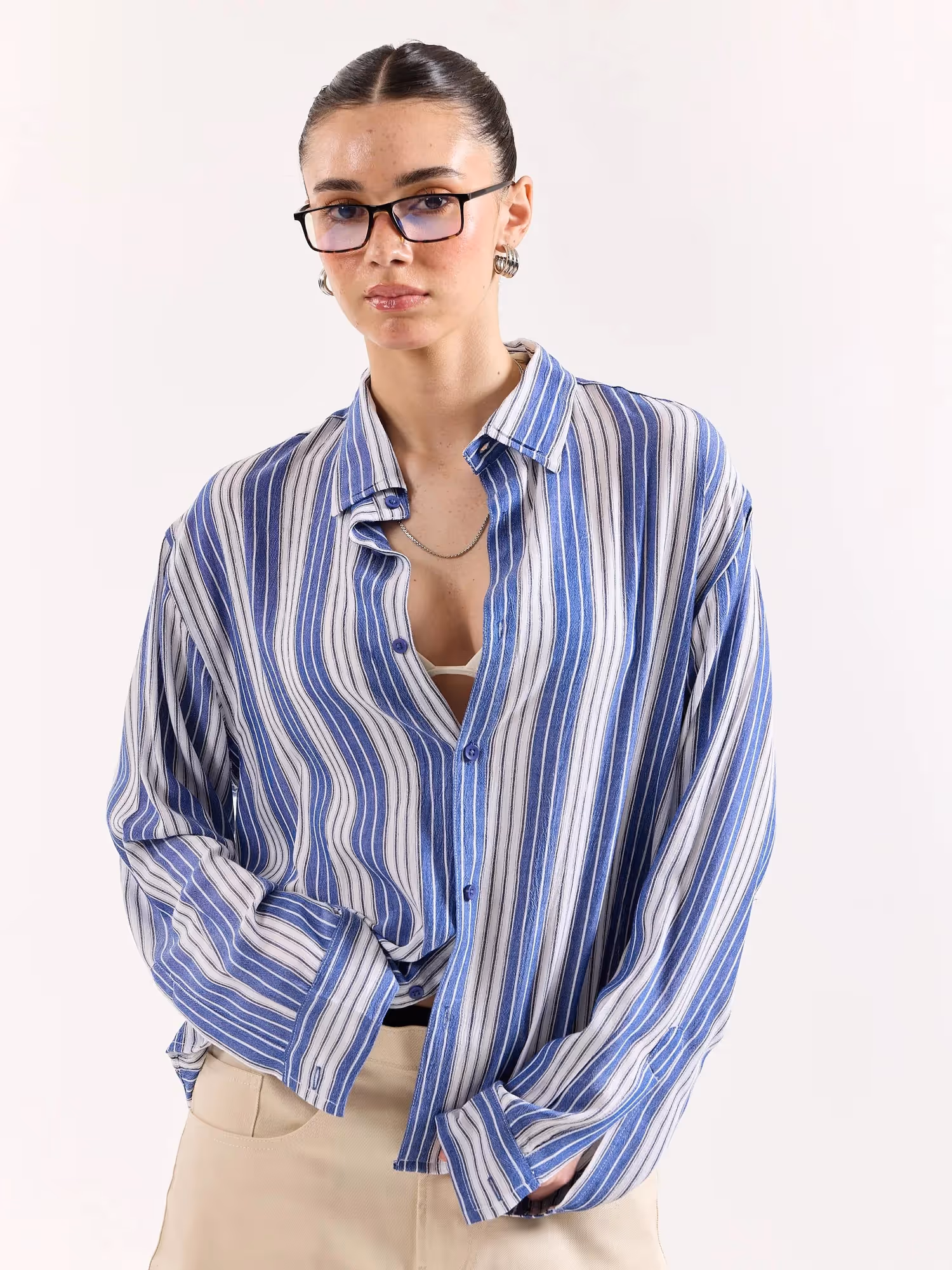 Royal Blue & White Striped Textured Oversized Shirt image 4