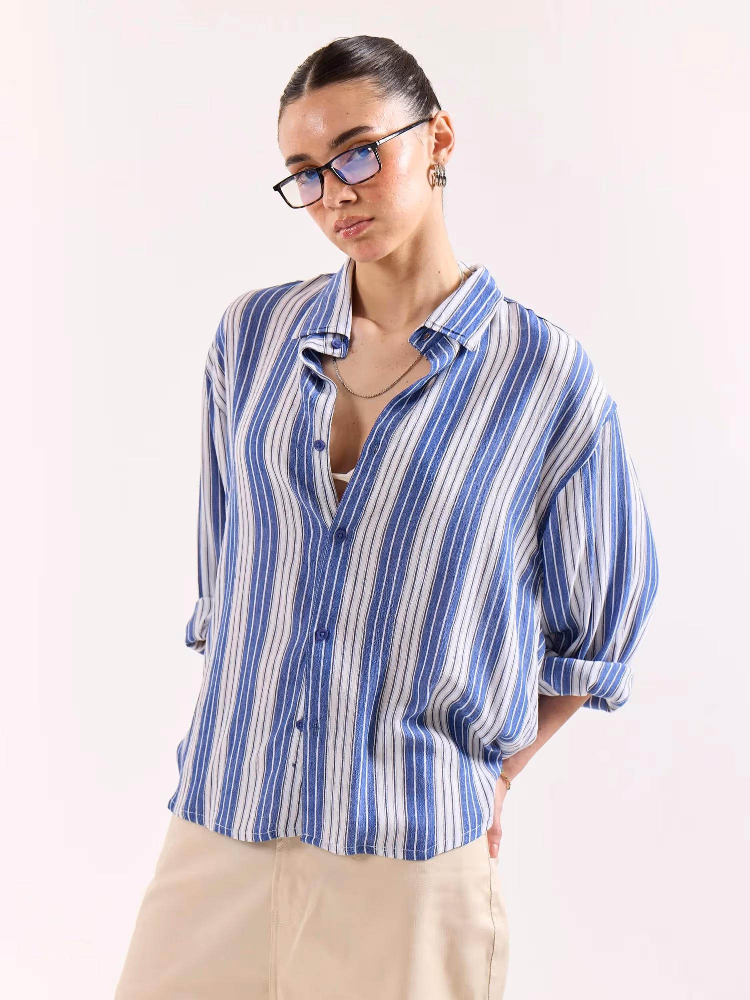 Royal Blue & White Striped Textured Oversized Shirt image 7