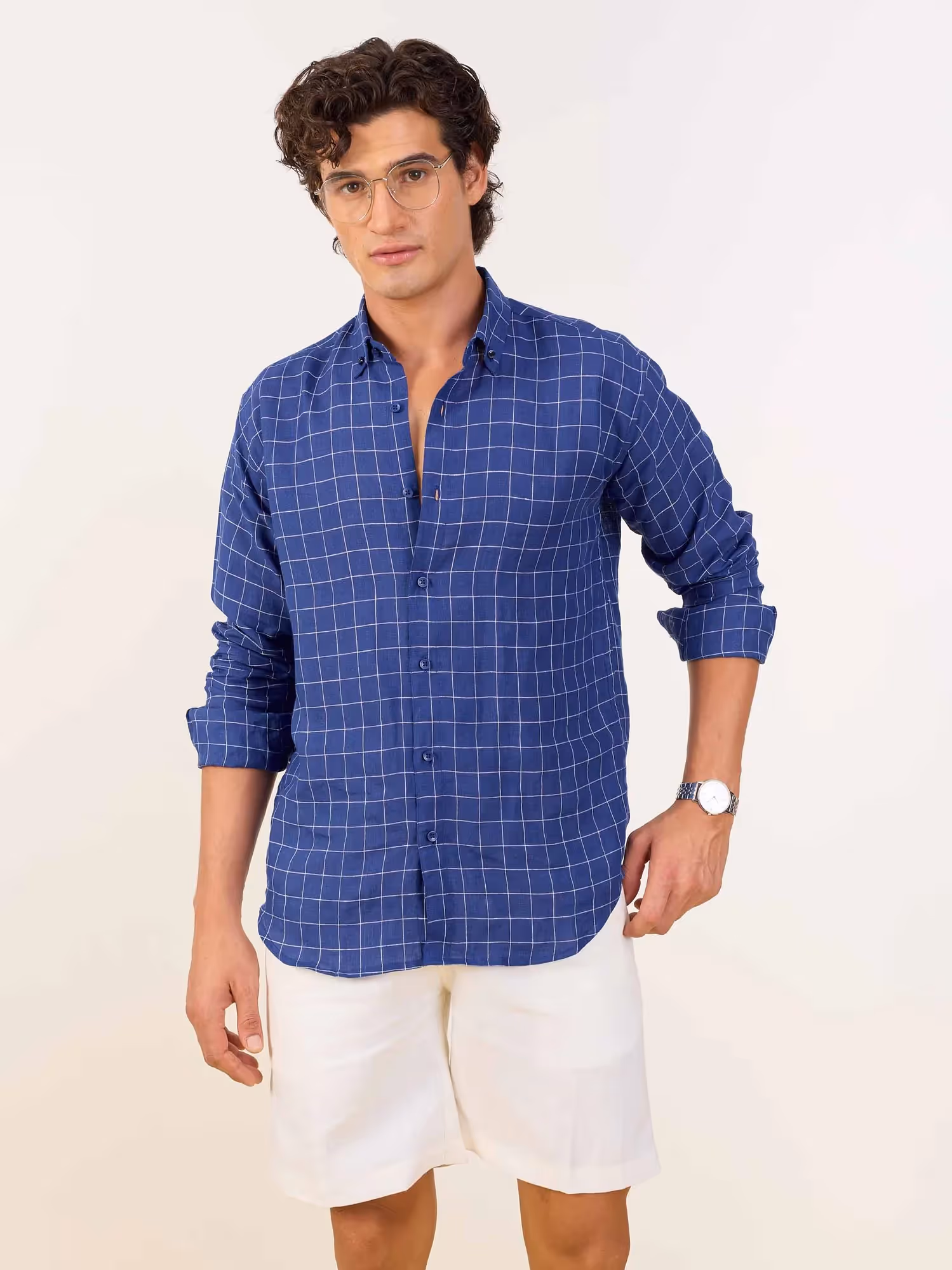Royal Blue Checked Irish Linen Shirt image 1