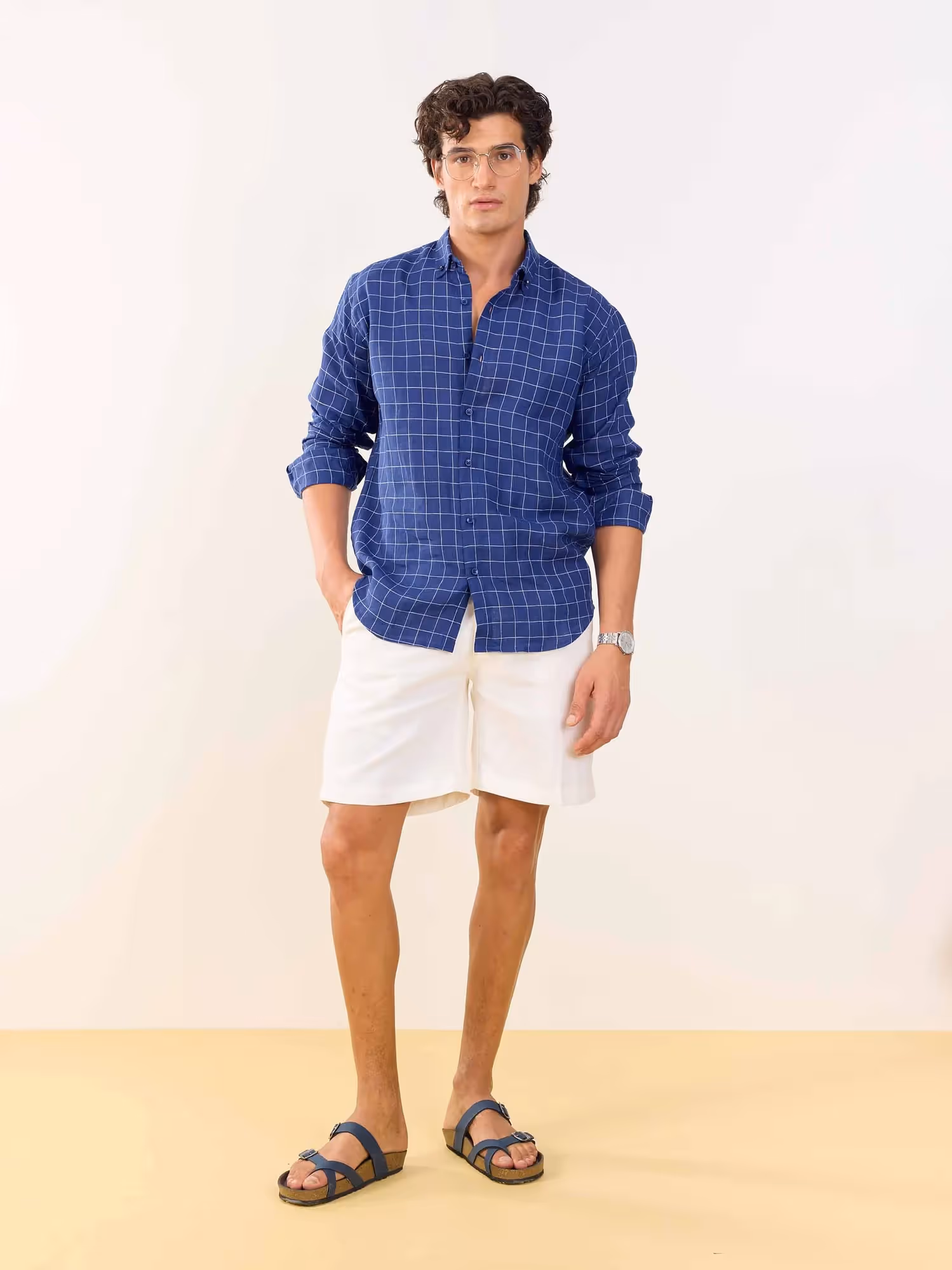 Royal Blue Checked Irish Linen Shirt  image 2