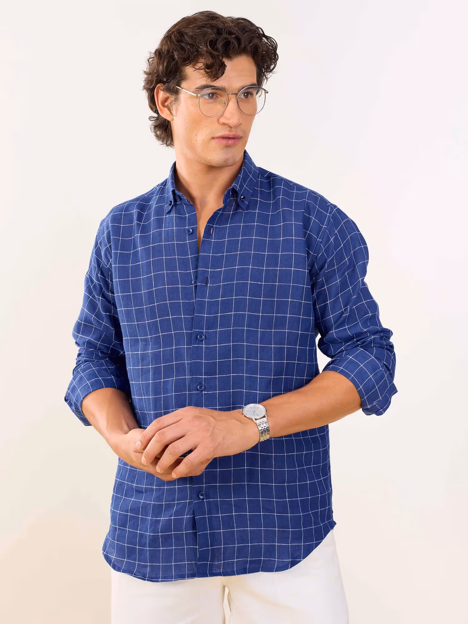 Royal Blue Checked Irish Linen Shirt  image 3