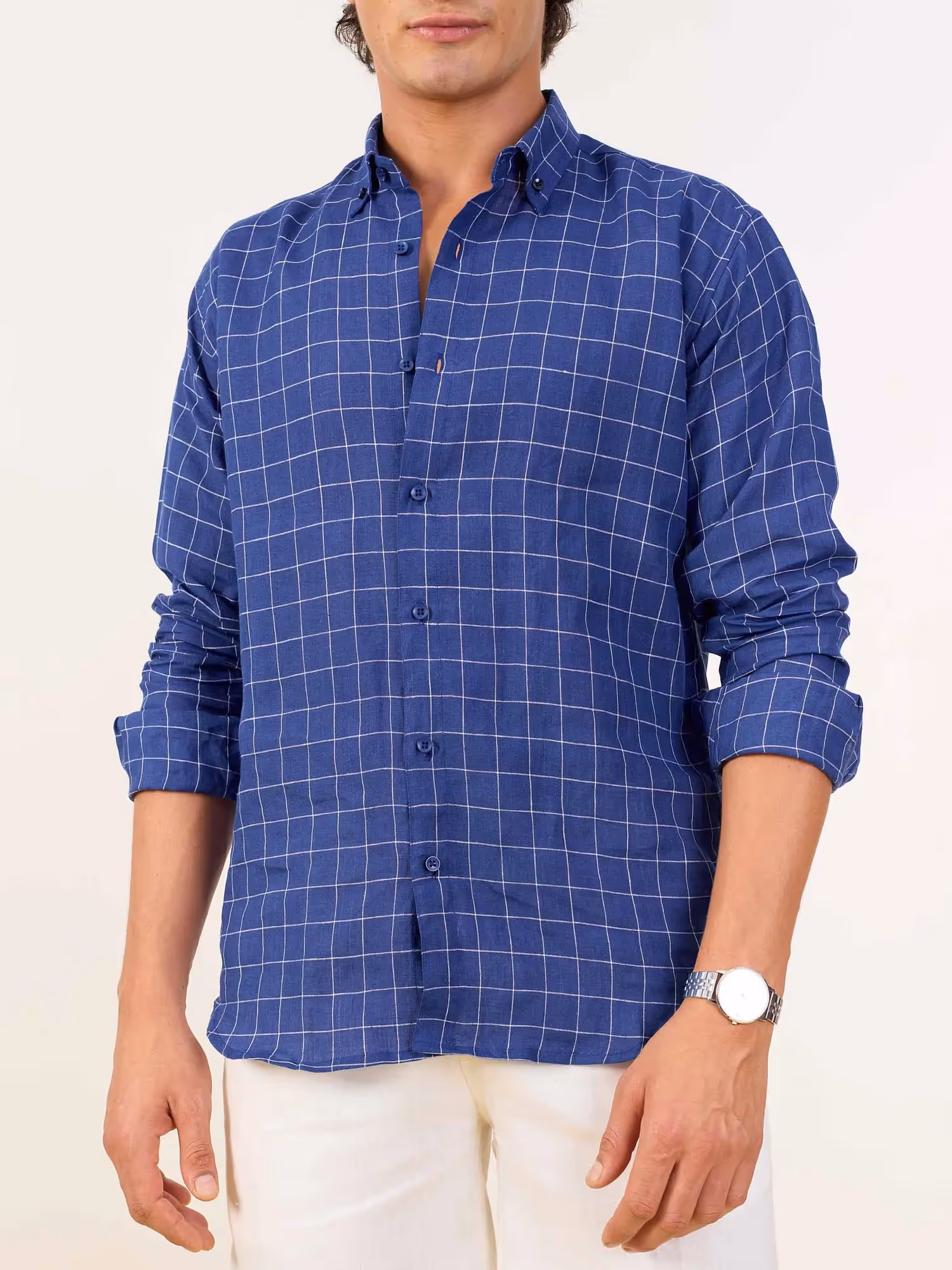 Royal Blue Checked Irish Linen Shirt  image 5