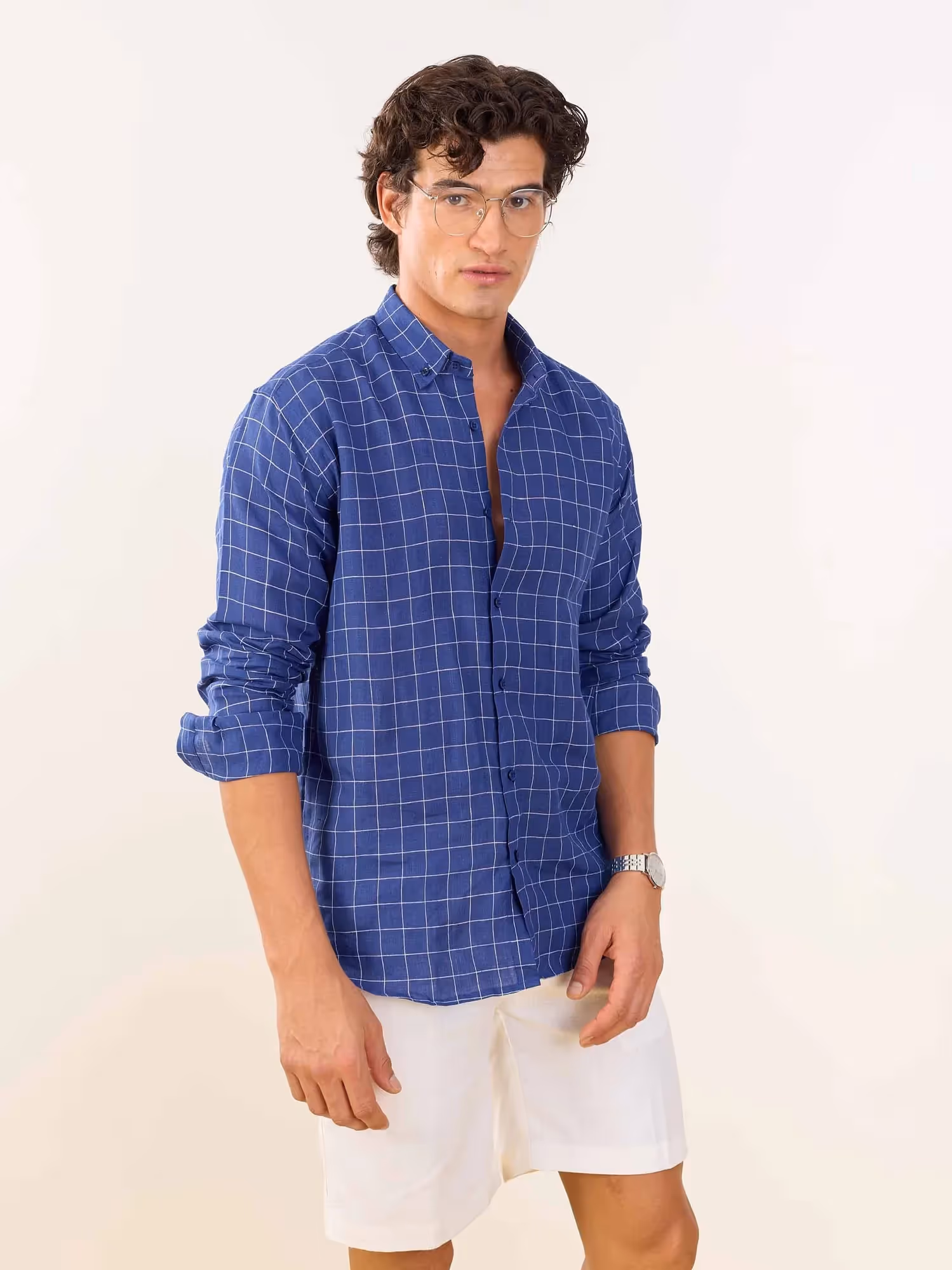Royal Blue Checked Irish Linen Shirt  image 6