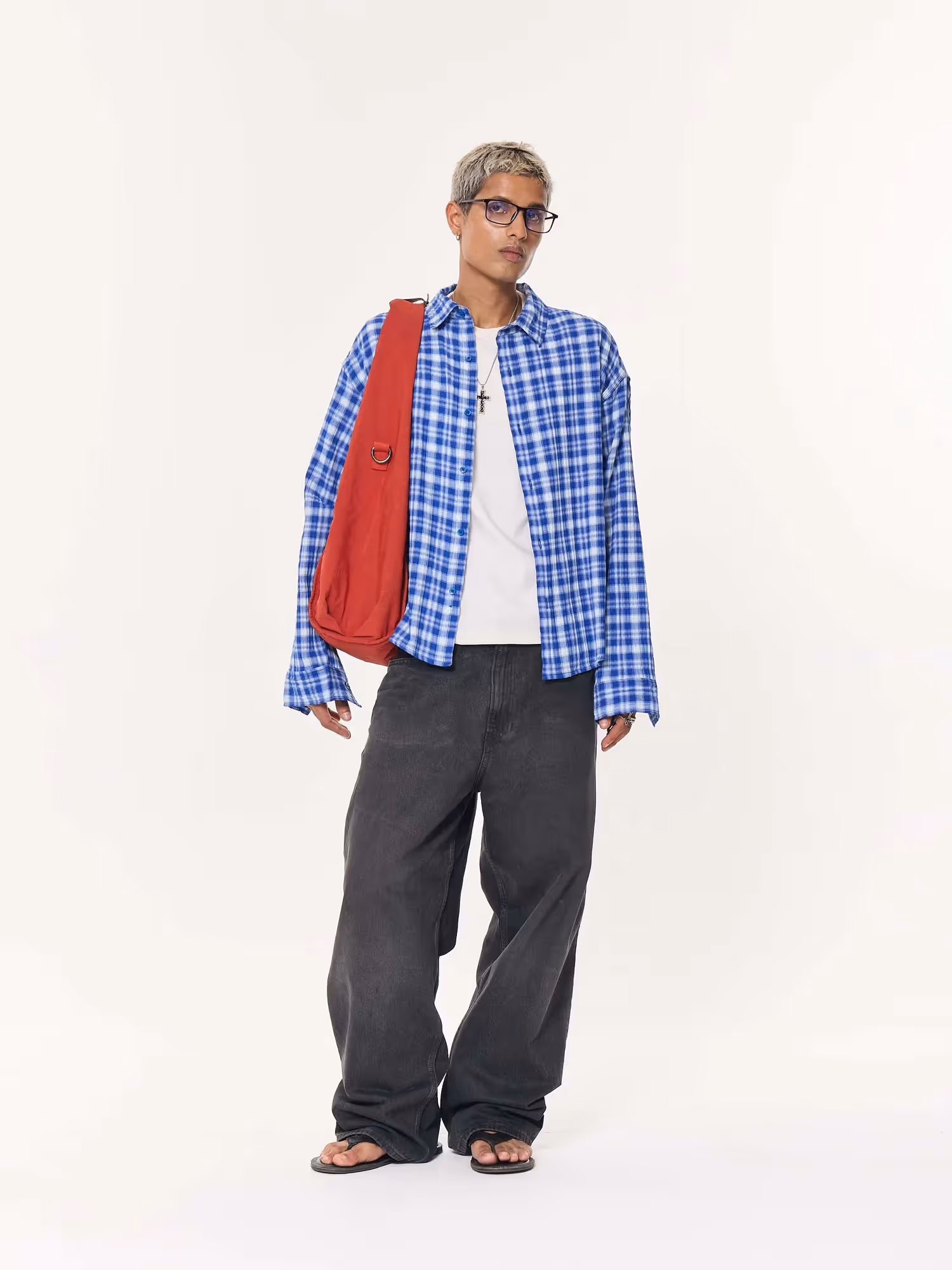 Royal Blue Checked Oversized Cropped Gauze Shirt image 1
