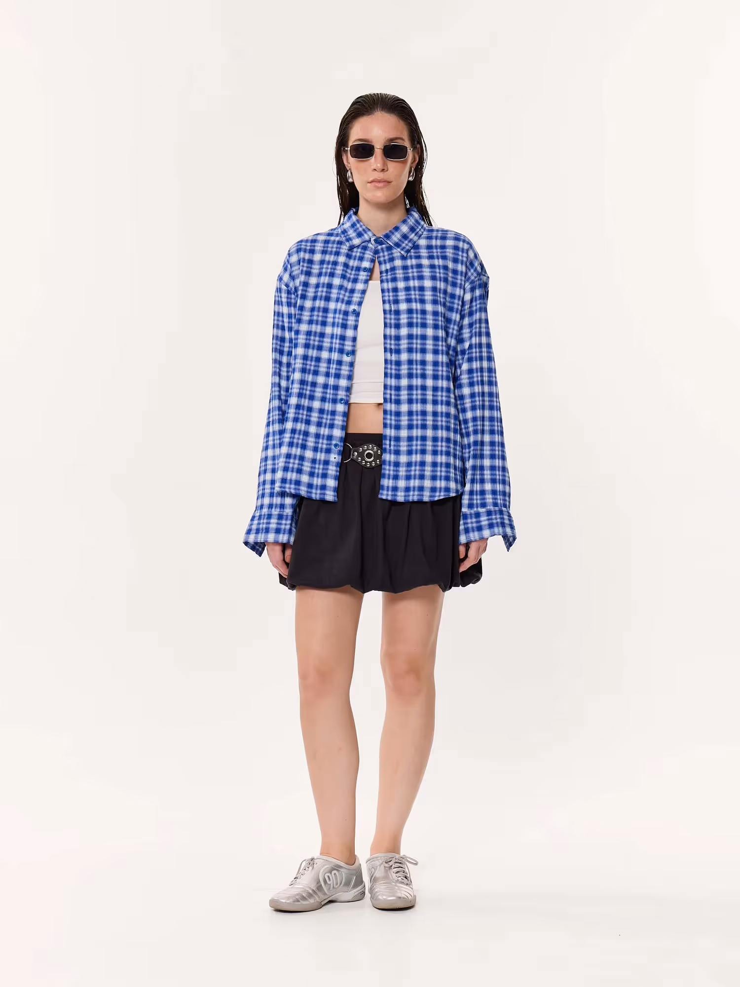 Royal Blue Checked Oversized Cropped Gauze Shirt image 2