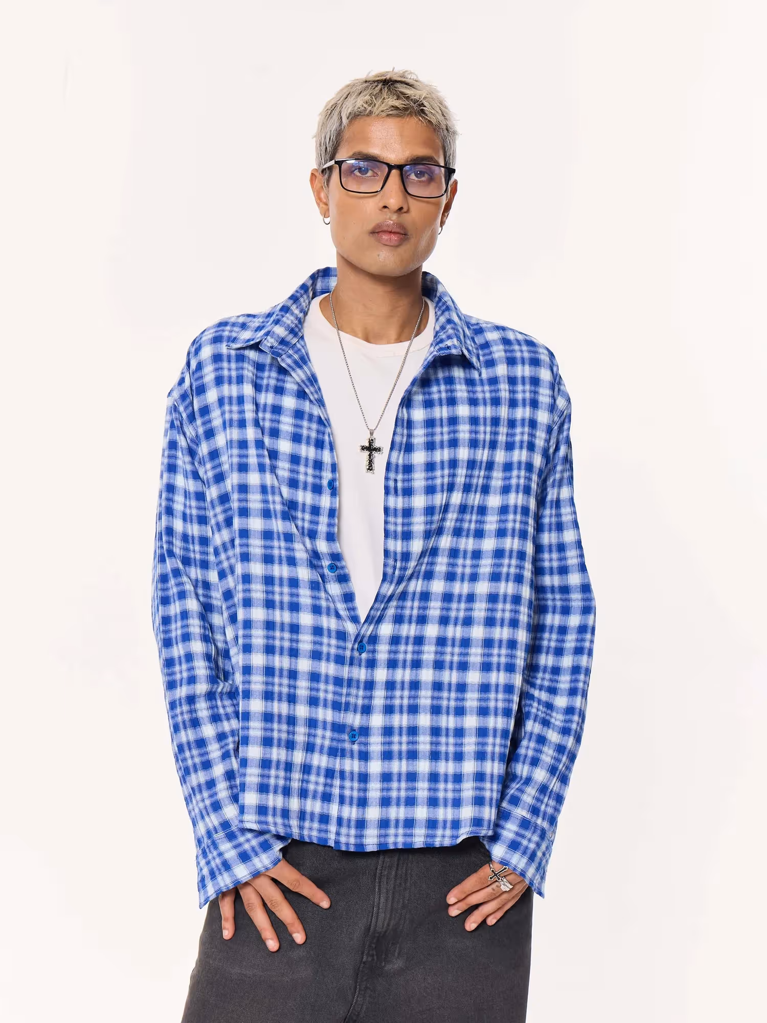 Royal Blue Checked Oversized Cropped Gauze Shirt image 3