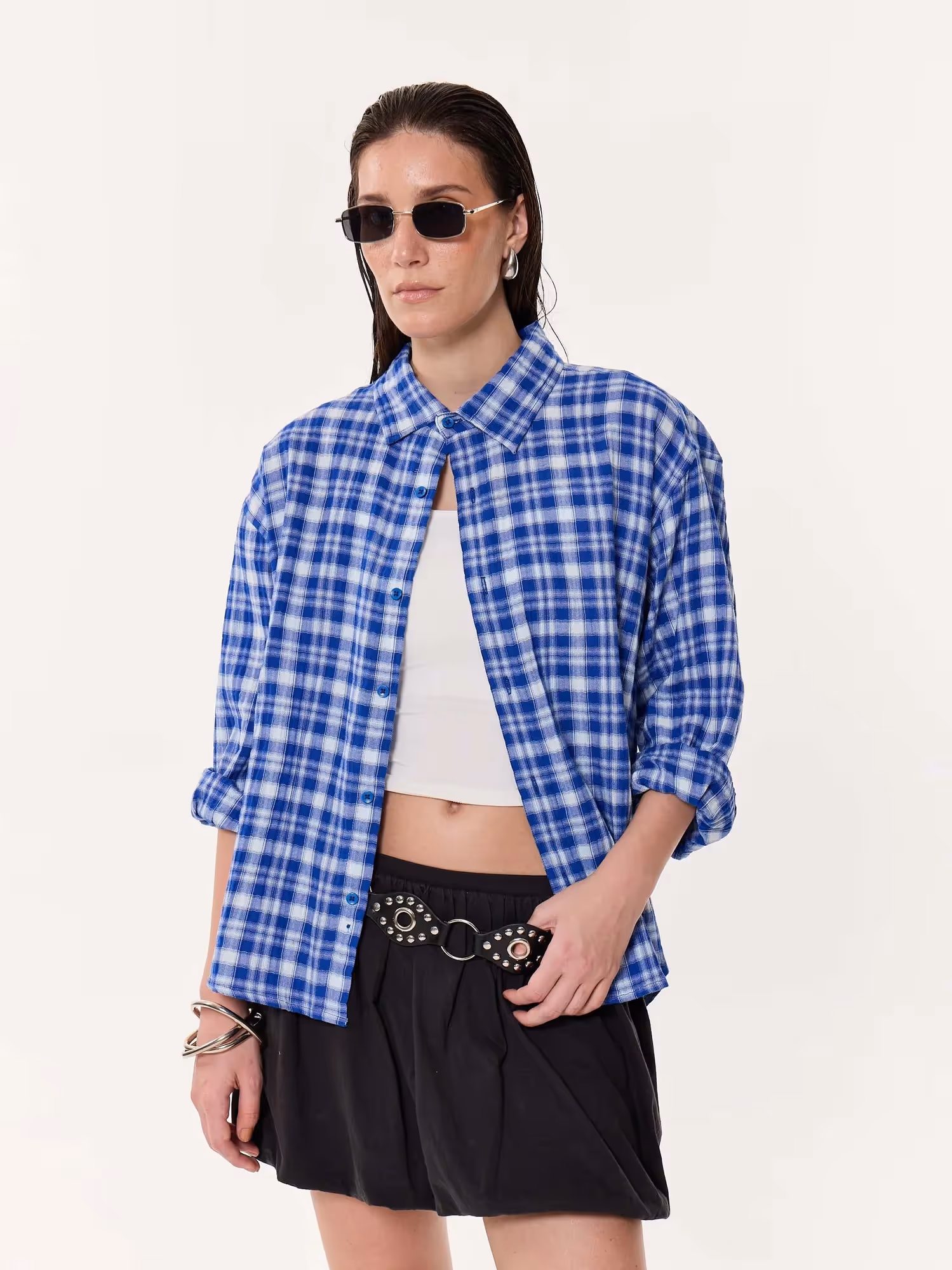 Royal Blue Checked Oversized Cropped Gauze Shirt image 4