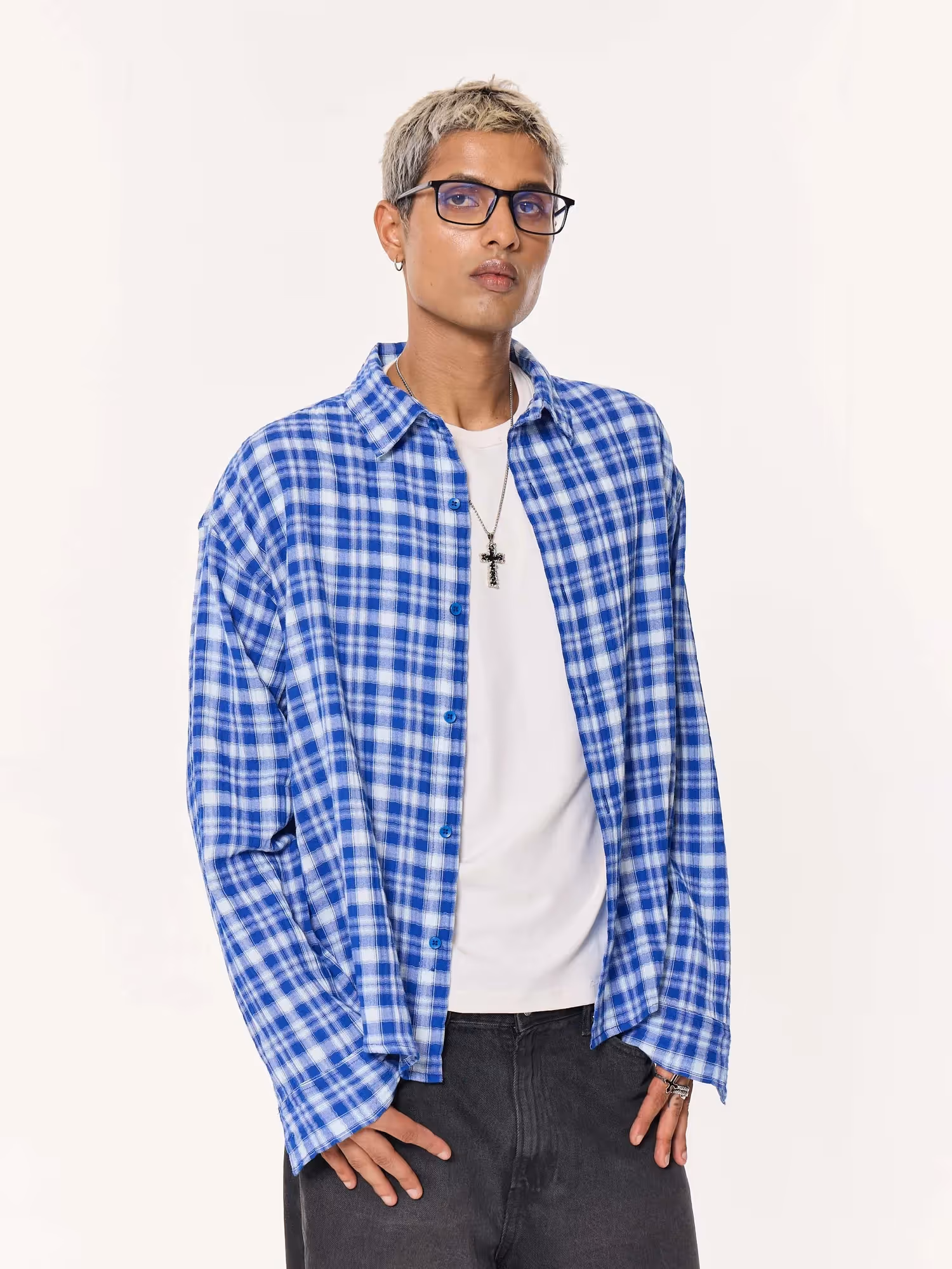 Royal Blue Checked Oversized Cropped Gauze Shirt image 5