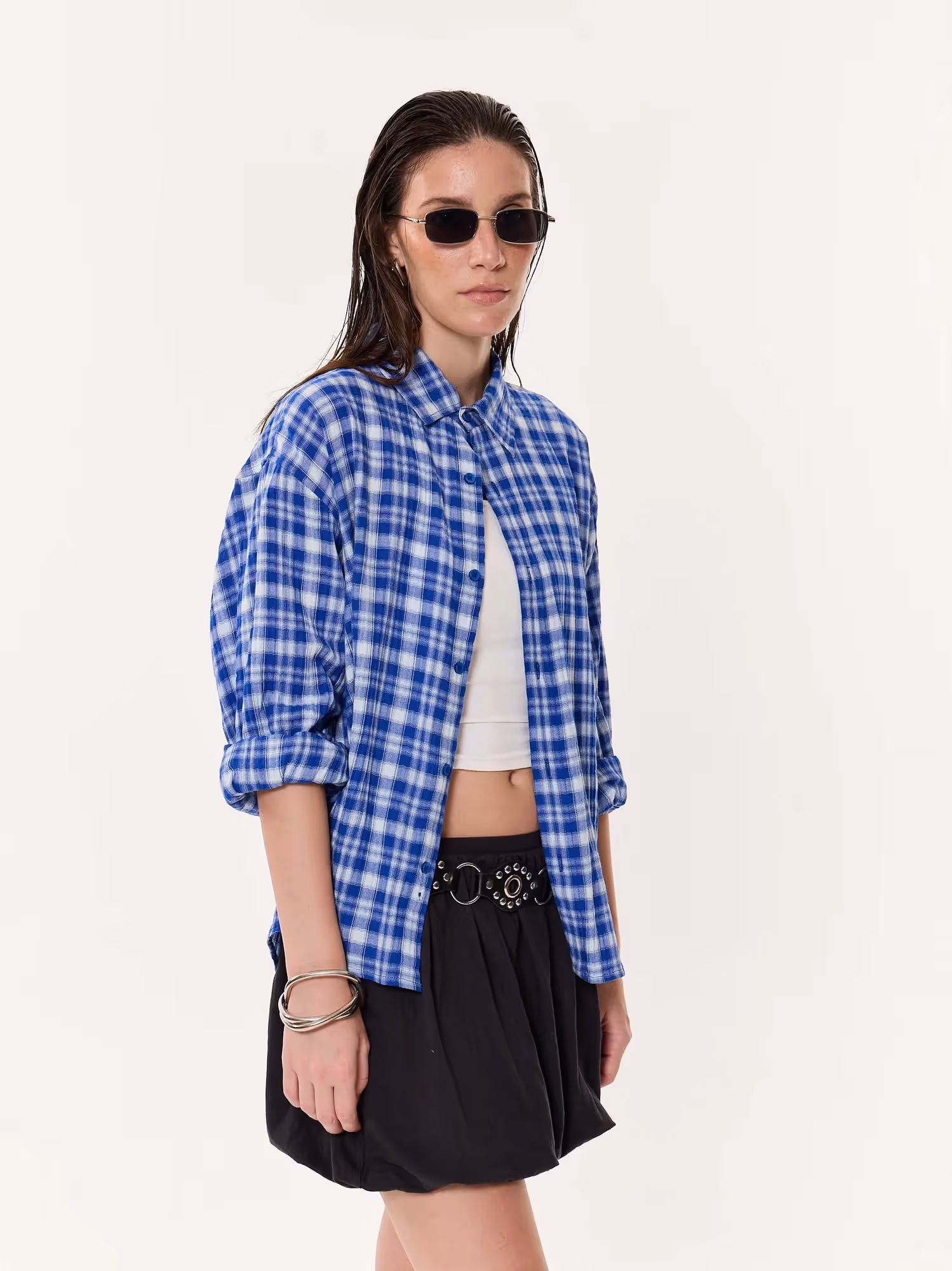 Royal Blue Checked Oversized Cropped Gauze Shirt image 6