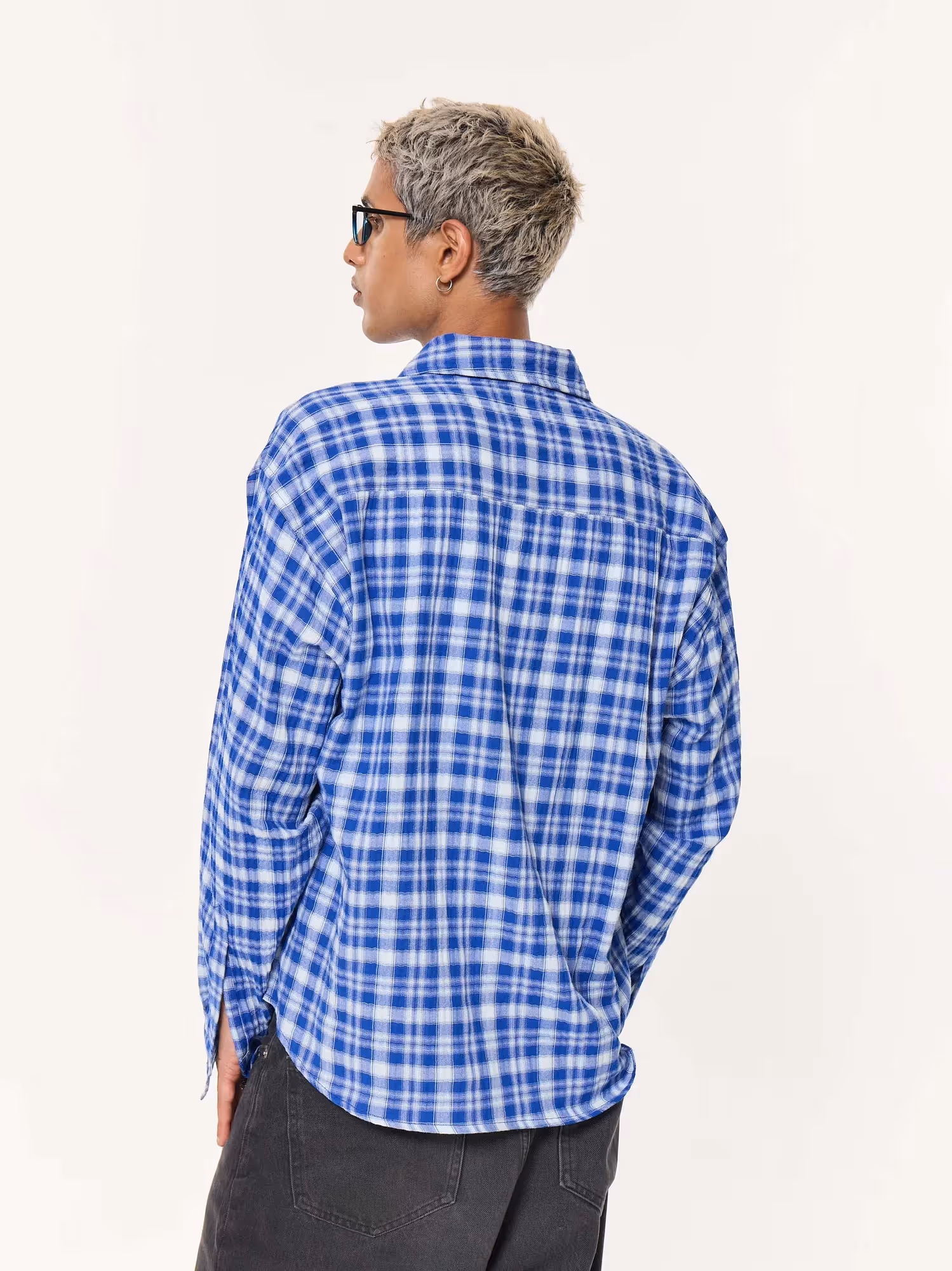 Royal Blue Checked Oversized Cropped Gauze Shirt image 7
