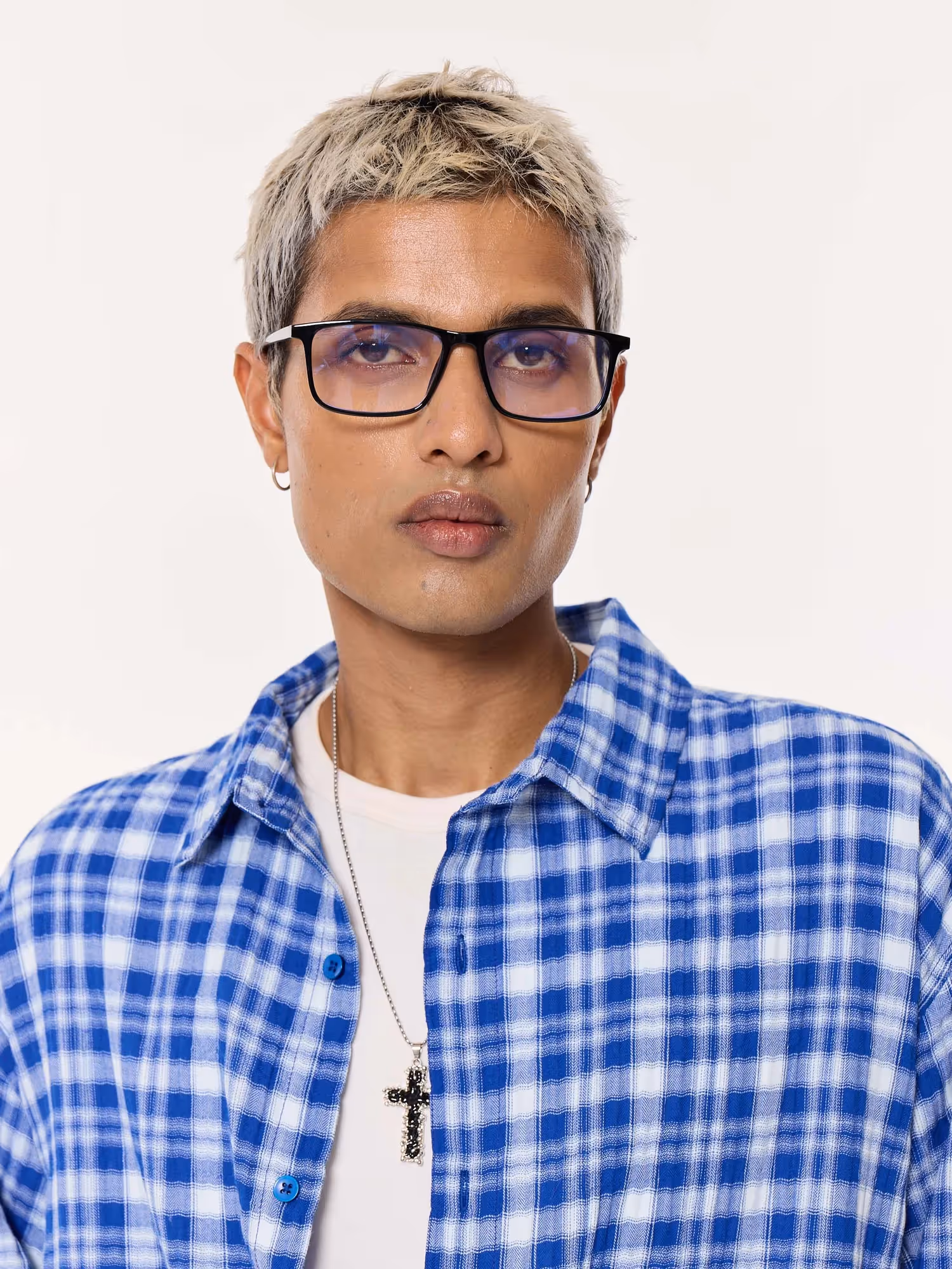 Royal Blue Checked Oversized Cropped Gauze Shirt image 8