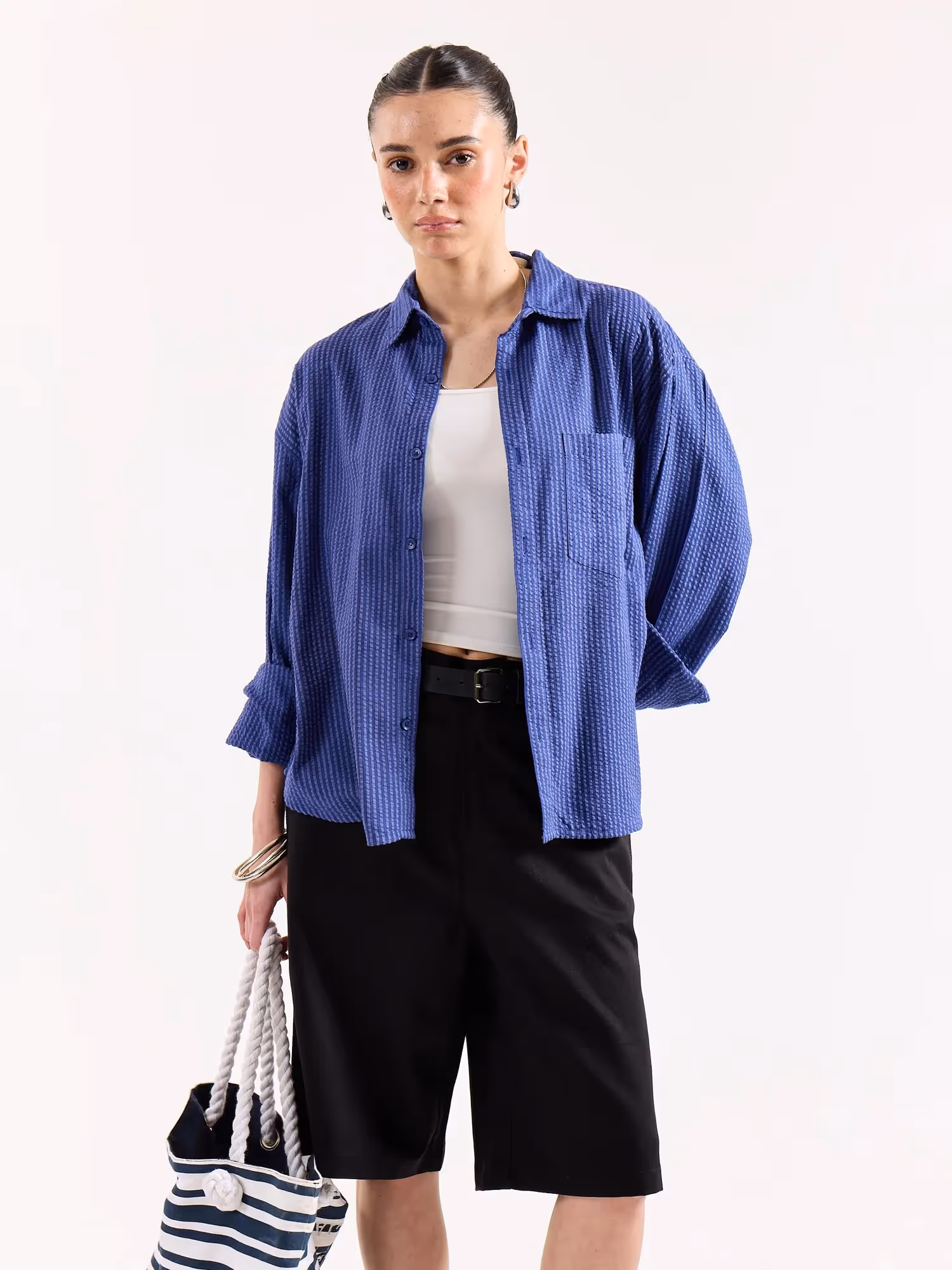 Royal Blue Seersucker Oversized Shirt image 4