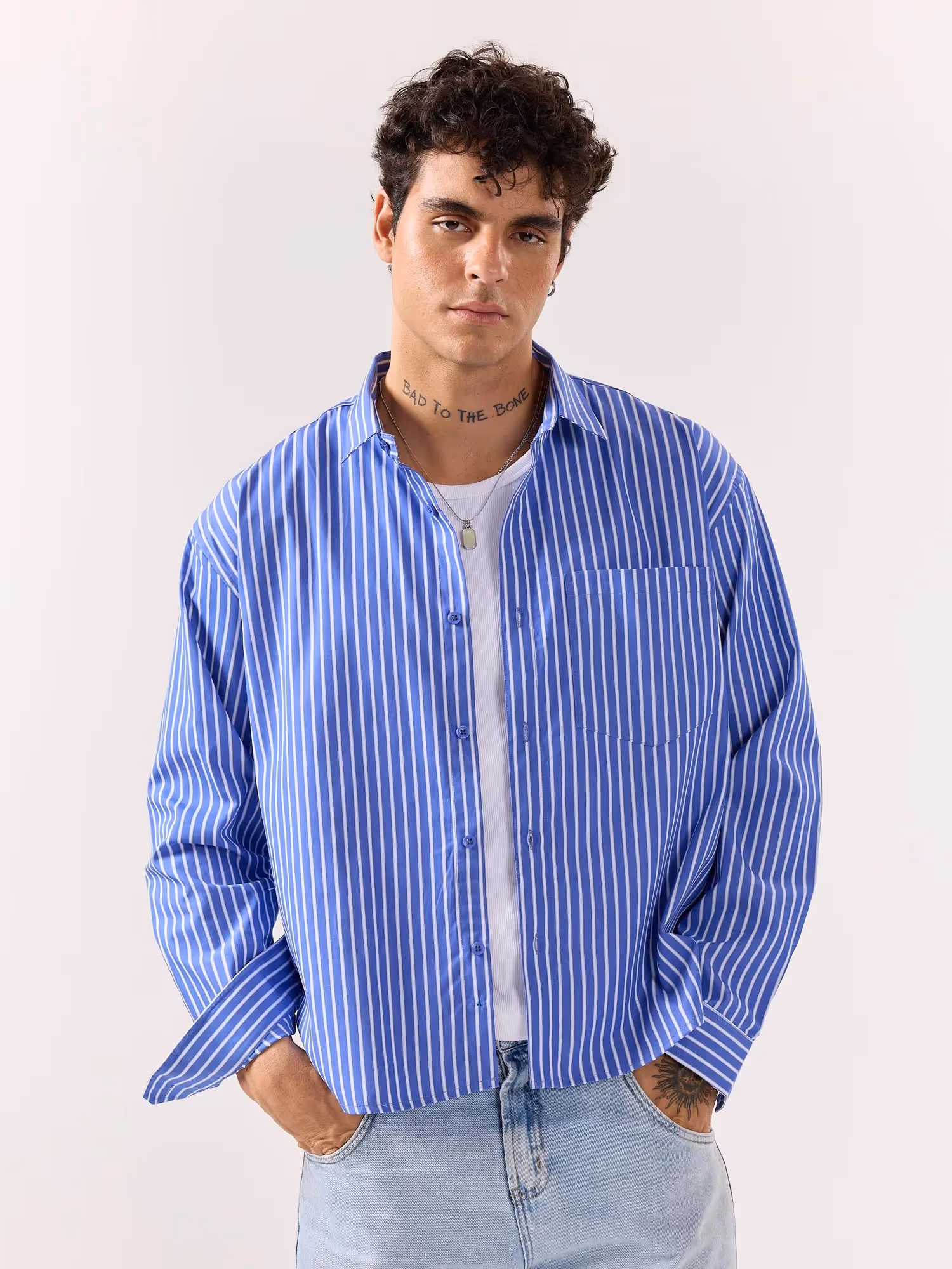 Royal Blue Striped Poplin Oversized Shirt image 3